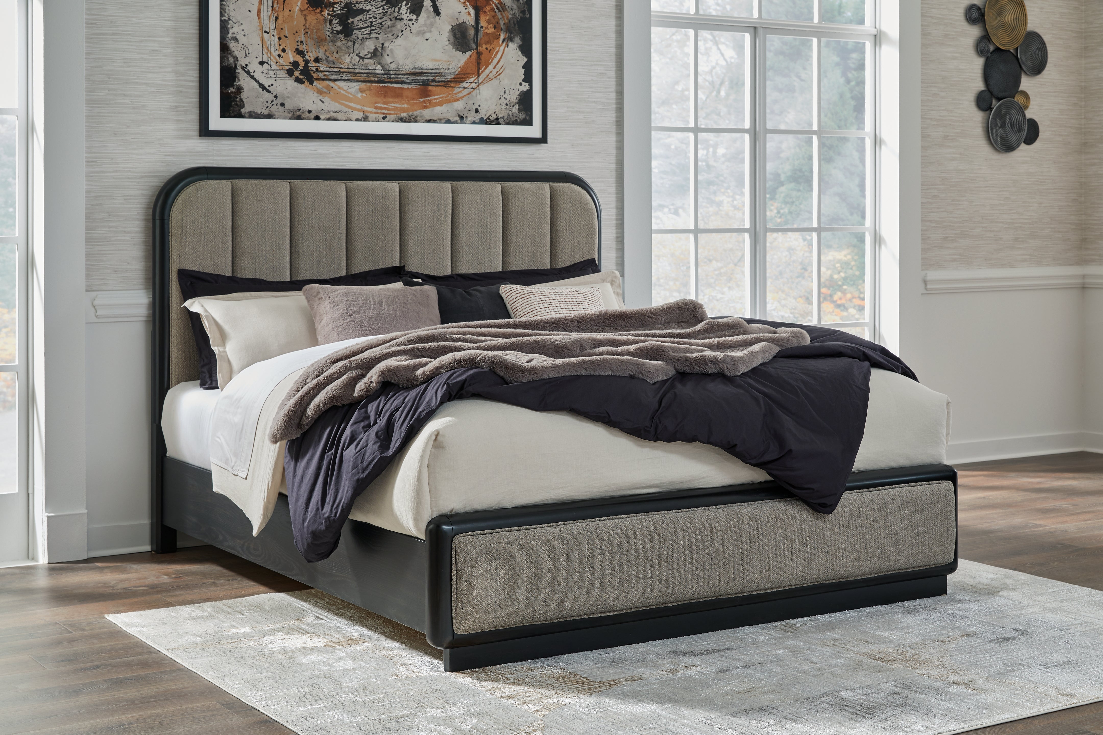 Prime Furniture - Ashley Furniture - Rowanbeck Bedroom - California King Upholstered Panel Bed / Gray/Black - B821B5