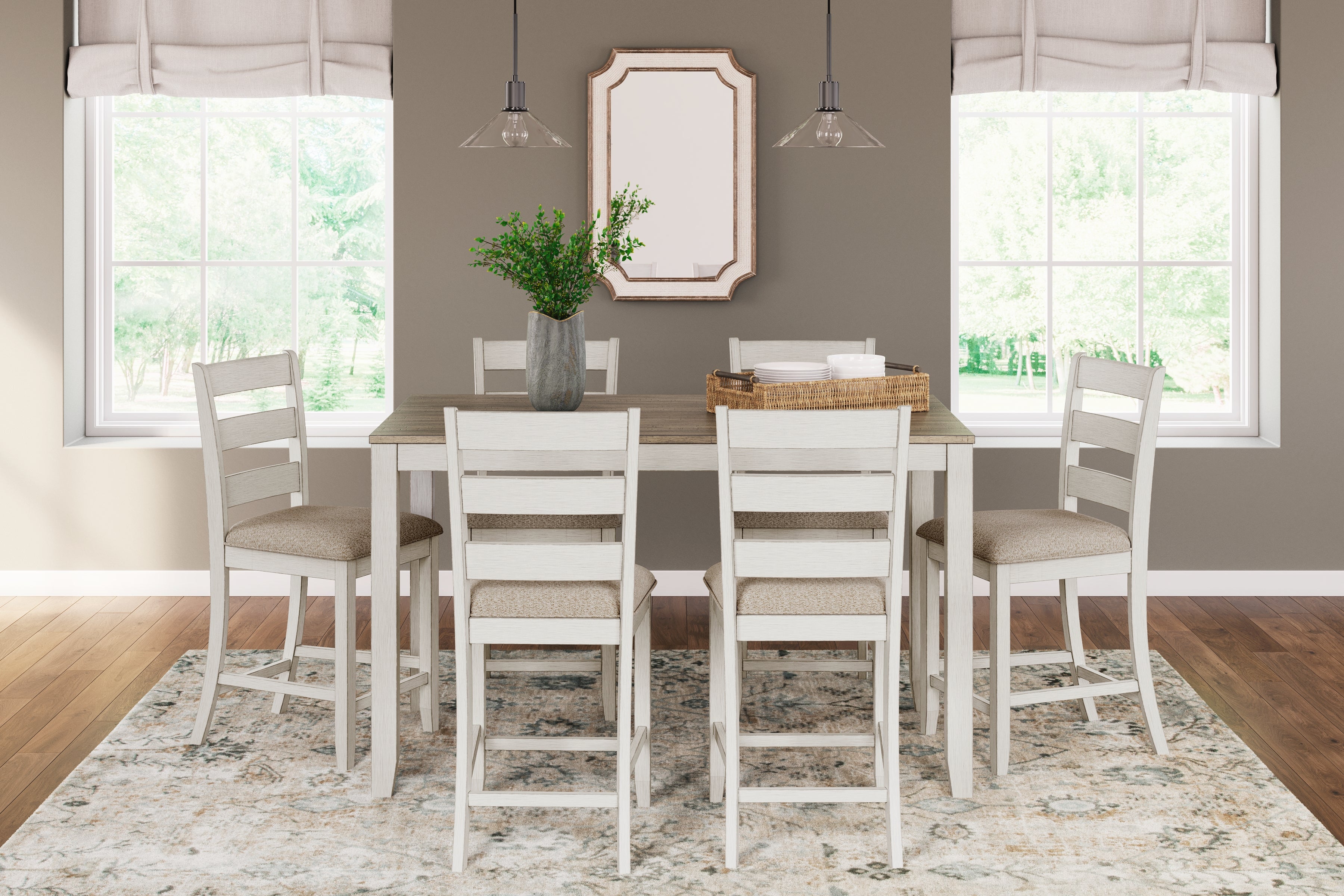 Prime Furniture - Ashley Furniture - Skempton Dining Room - RECT DRM Counter TBL Set(7/CN) / White/Light Brown - D394-423