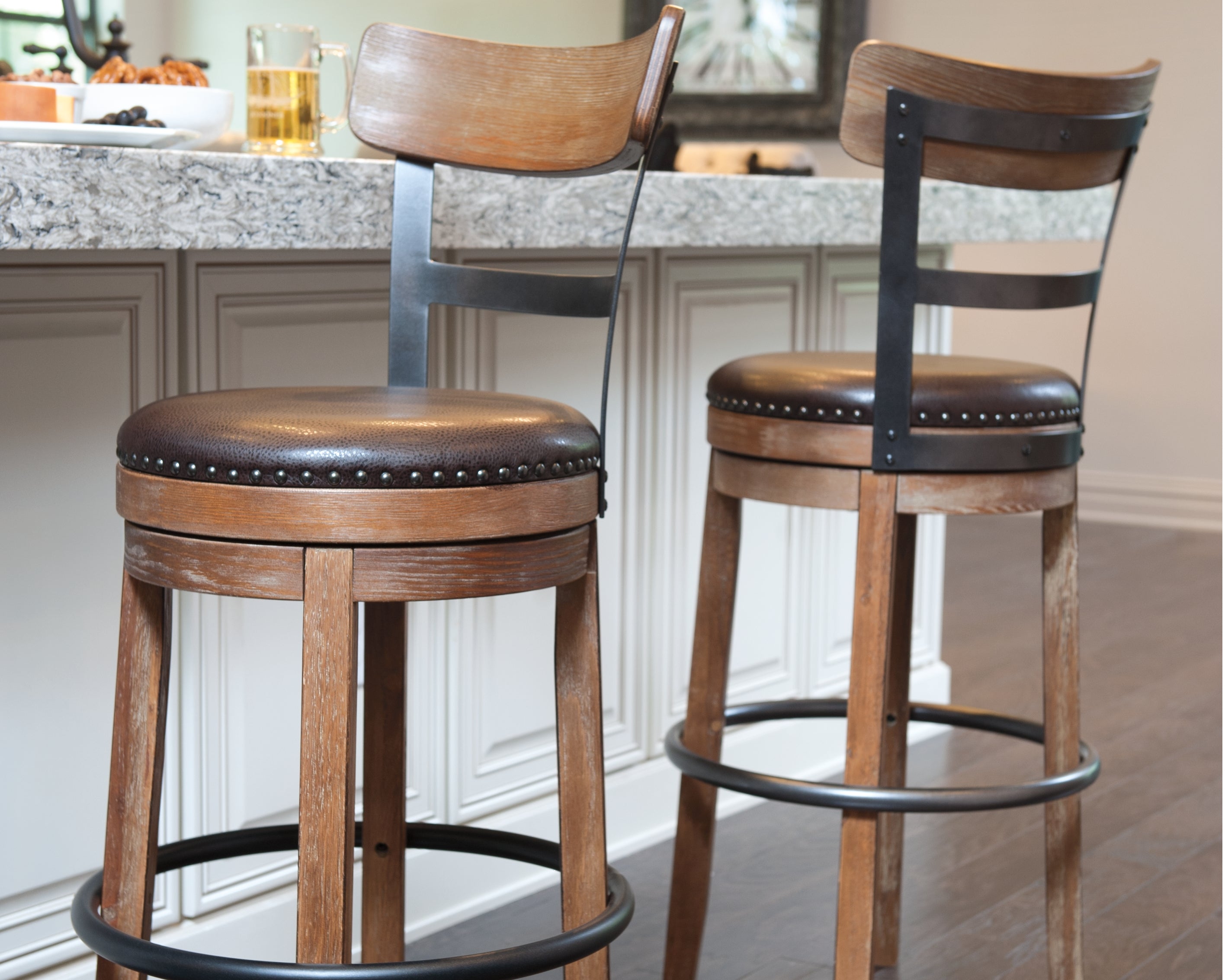 Prime Furniture - Ashley Furniture - Pinnadel Dining Room - Tall UPH Swivel Barstool(1/CN) / Light Brown - D542-130