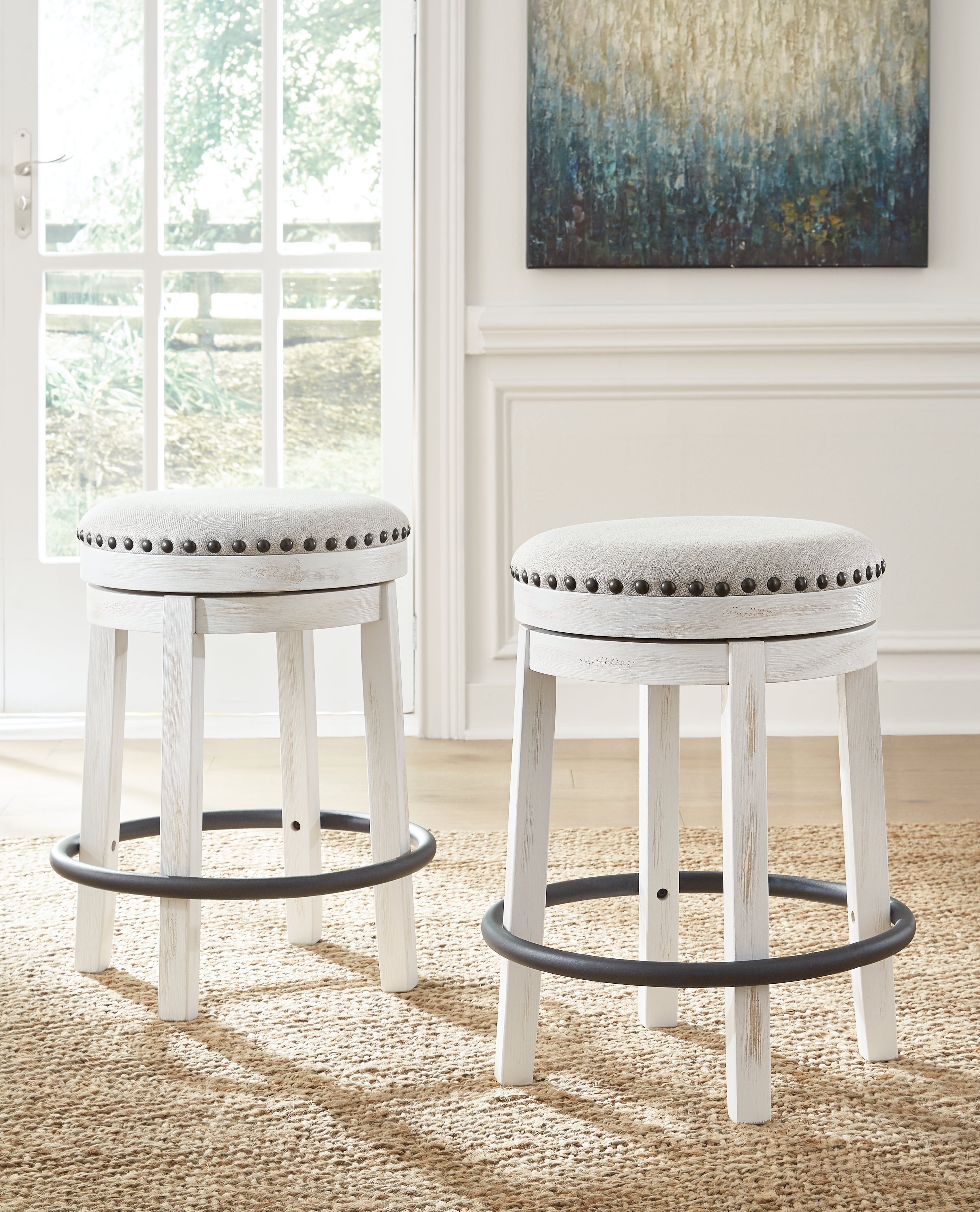 Prime Furniture - Ashley Furniture - Valebeck Dining Room - UPH Swivel Stool (1/CN) / White/Black - D546-324
