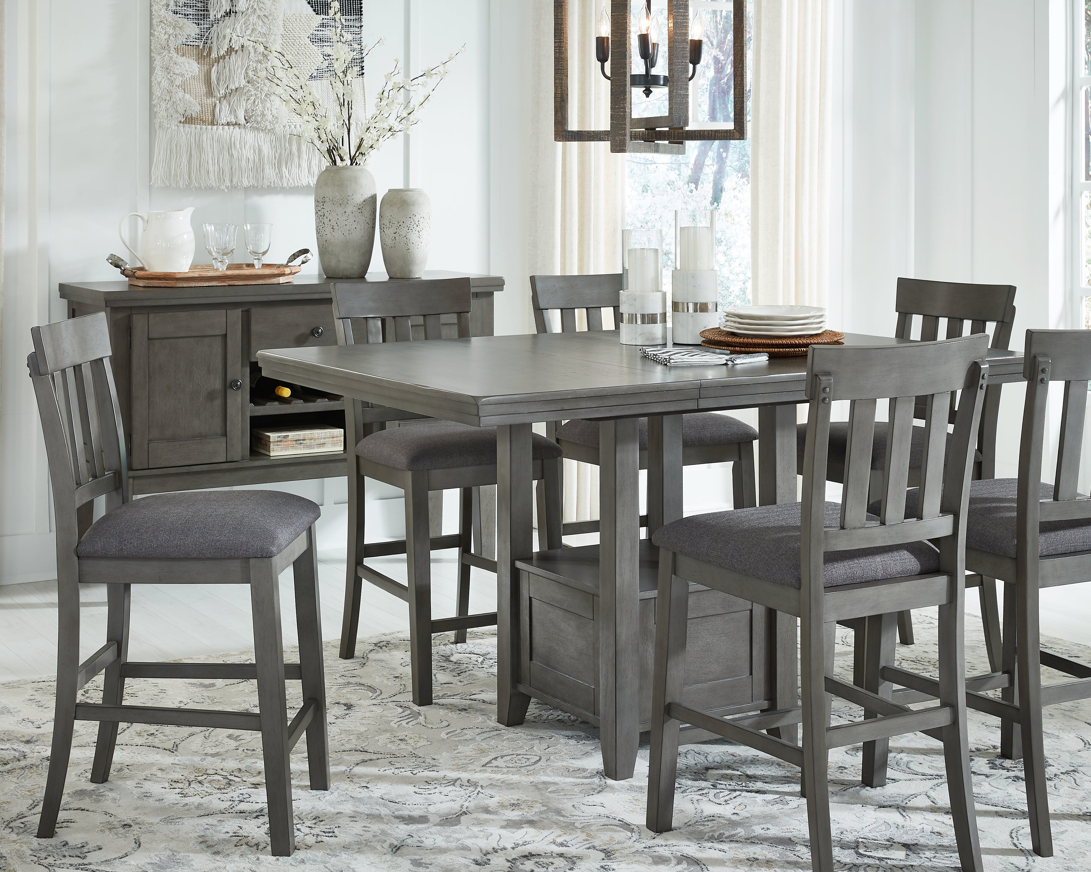 Prime Furniture - Ashley Furniture - Hallanden Dining Room - RECT DRM Counter EXT Table / Gray - D589-42