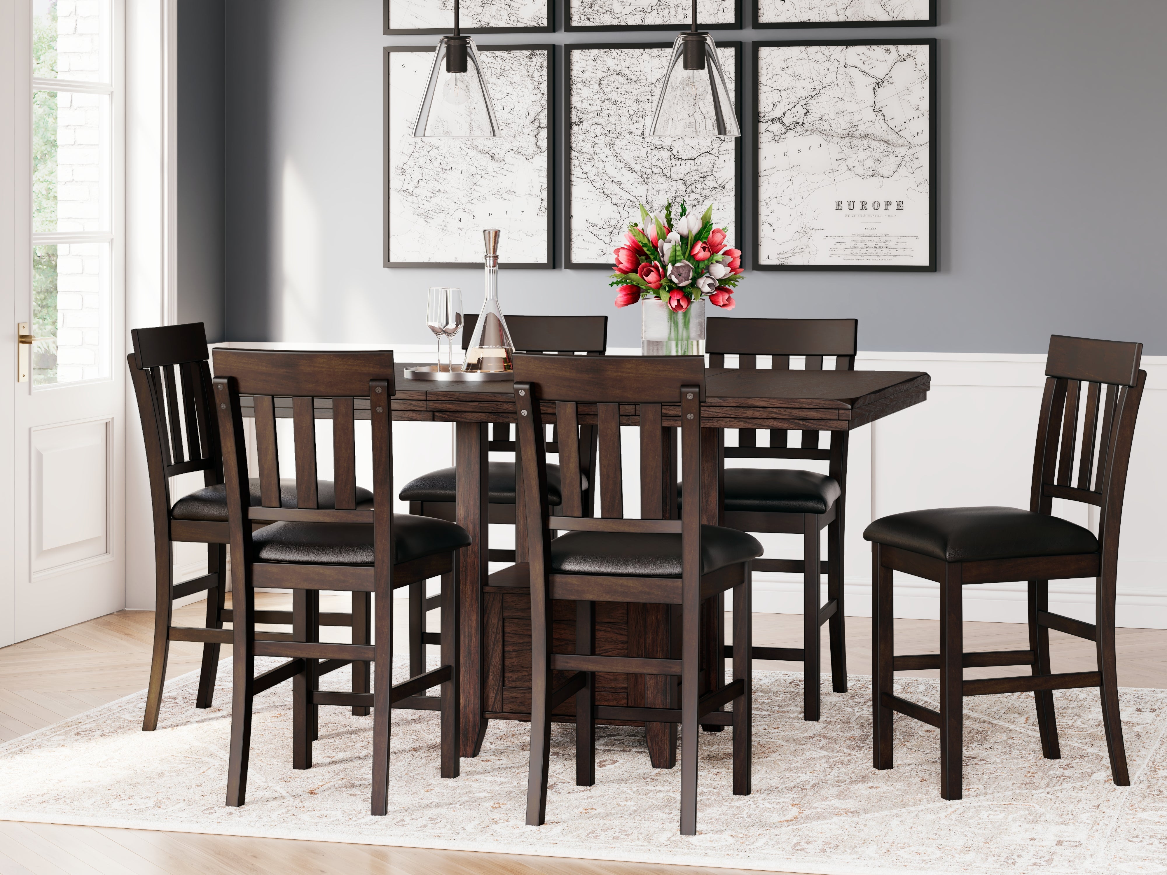 Prime Furniture - Ashley Furniture - Haddigan Dining Room - RECT DRM Counter EXT Table / Dark Brown - D596-42
