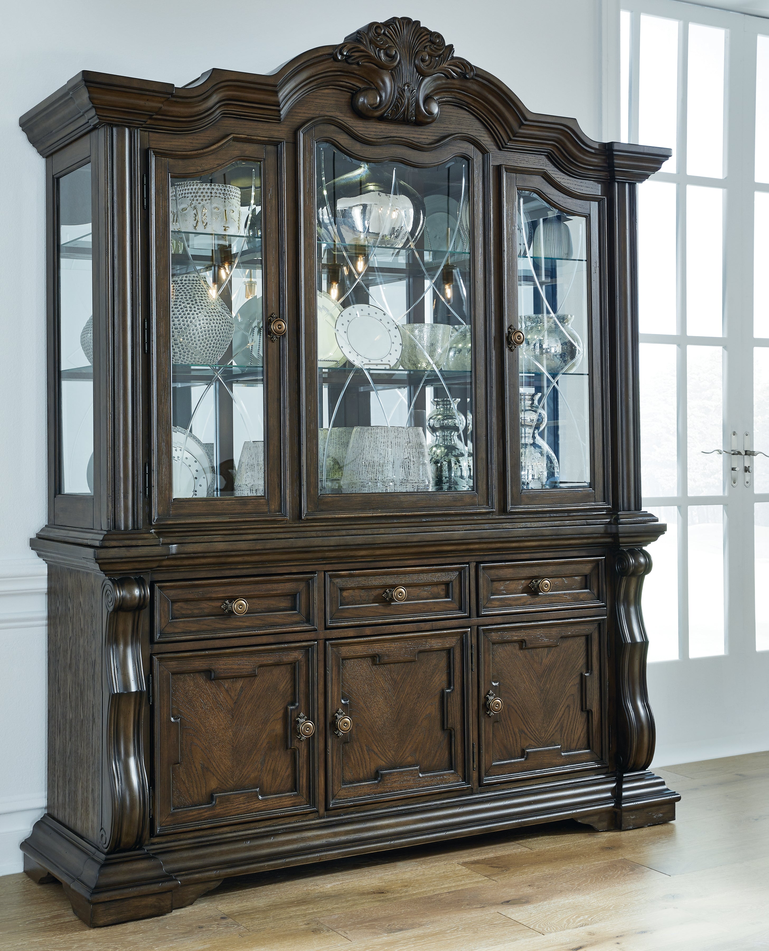 Prime Furniture - Ashley Furniture - Maylee Dining Room - Dining Buffet and Hutch / Dark Brown / 71.75"W x 20.75"D x 89.25"H - D947D1