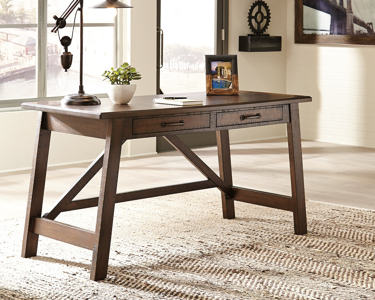 Prime Furniture - Ashley Furniture - Baldridge Office Desk - Home Office Large Leg Desk / Rustic Brown - H675-44