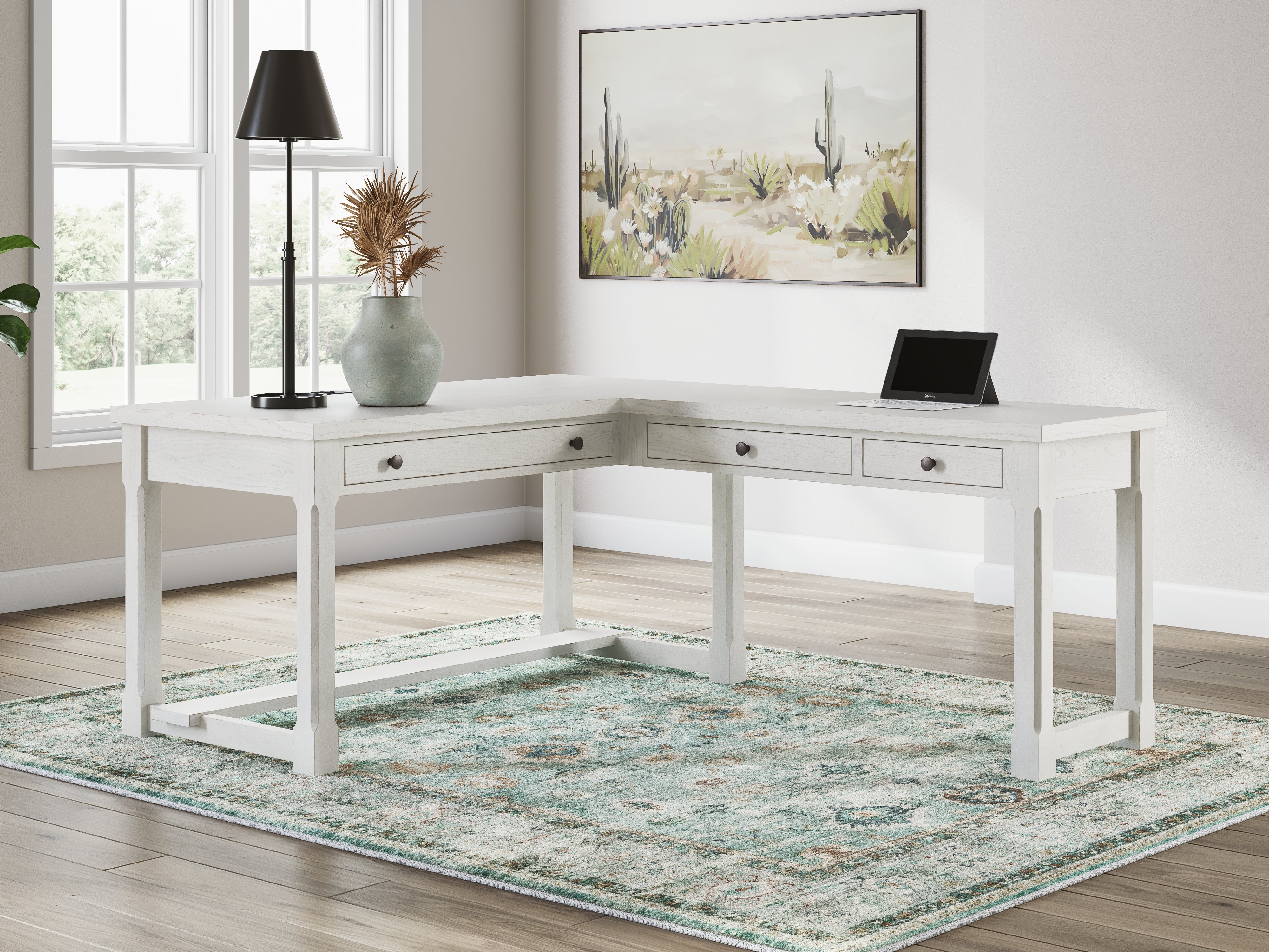 Prime Furniture - Ashley Furniture - Robbinsdale Office Desk - L-Shaped Home Office Desk / Antique White - H742H1