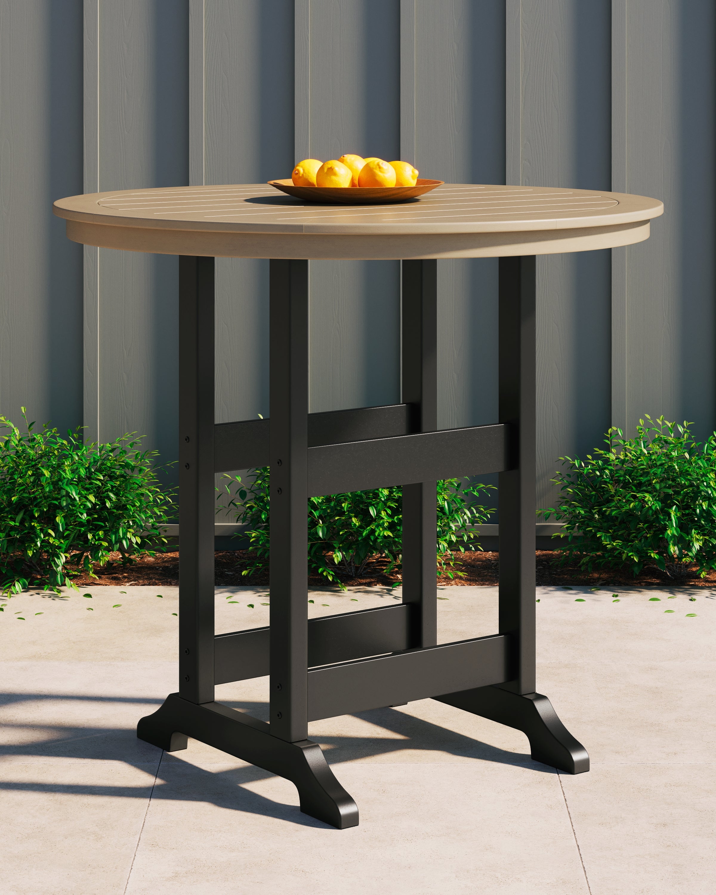 Prime Furniture - Ashley Furniture - Fairen Trail Outdoor - Round Bar Table w/UMB OPT / Black/Driftwood - P211-613