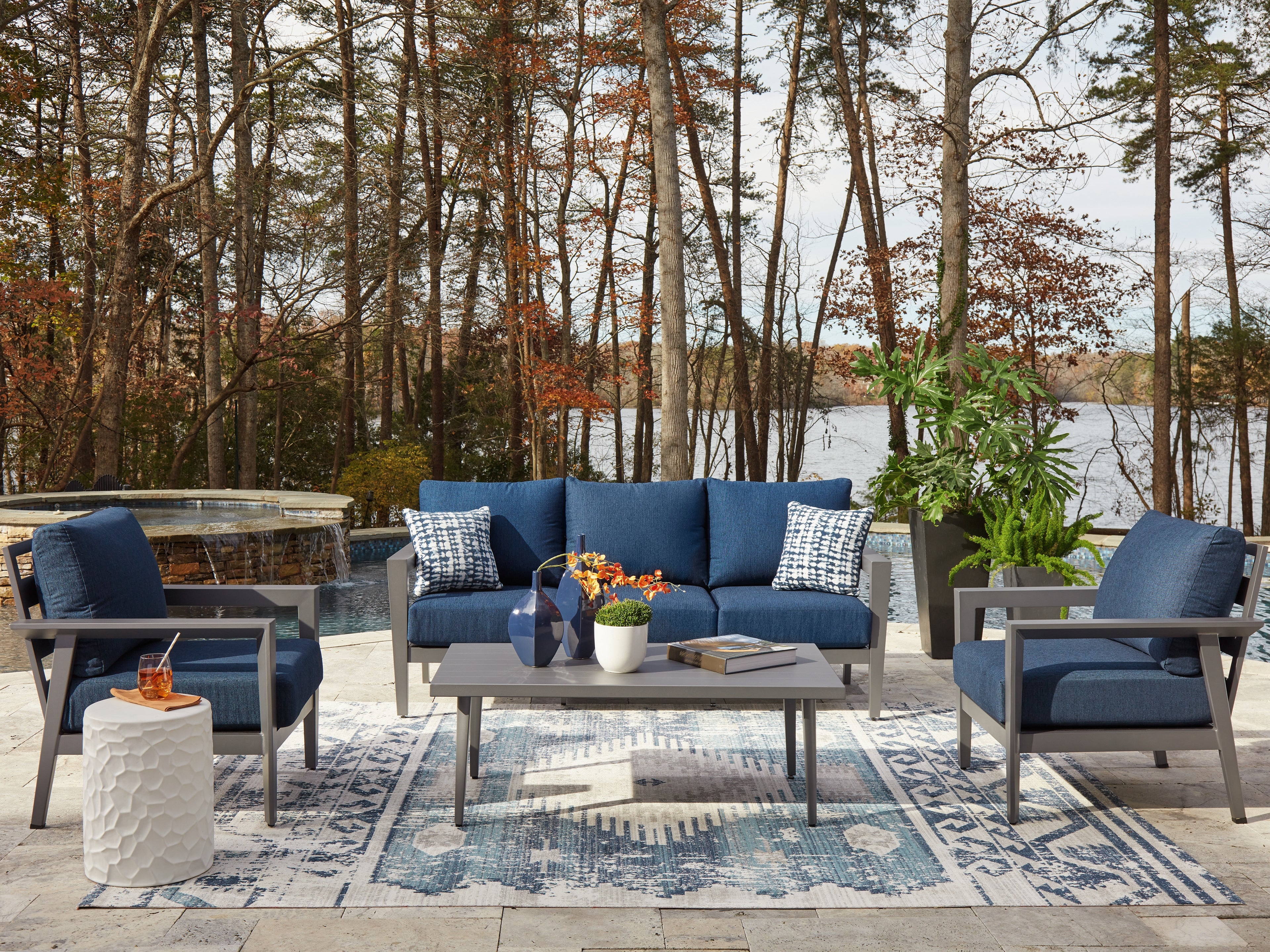 Prime Furniture - Ashley Furniture - Gali Outdoor - Sofa/Chairs/Table Set (4/CN) / Gray/Blue - P275-081