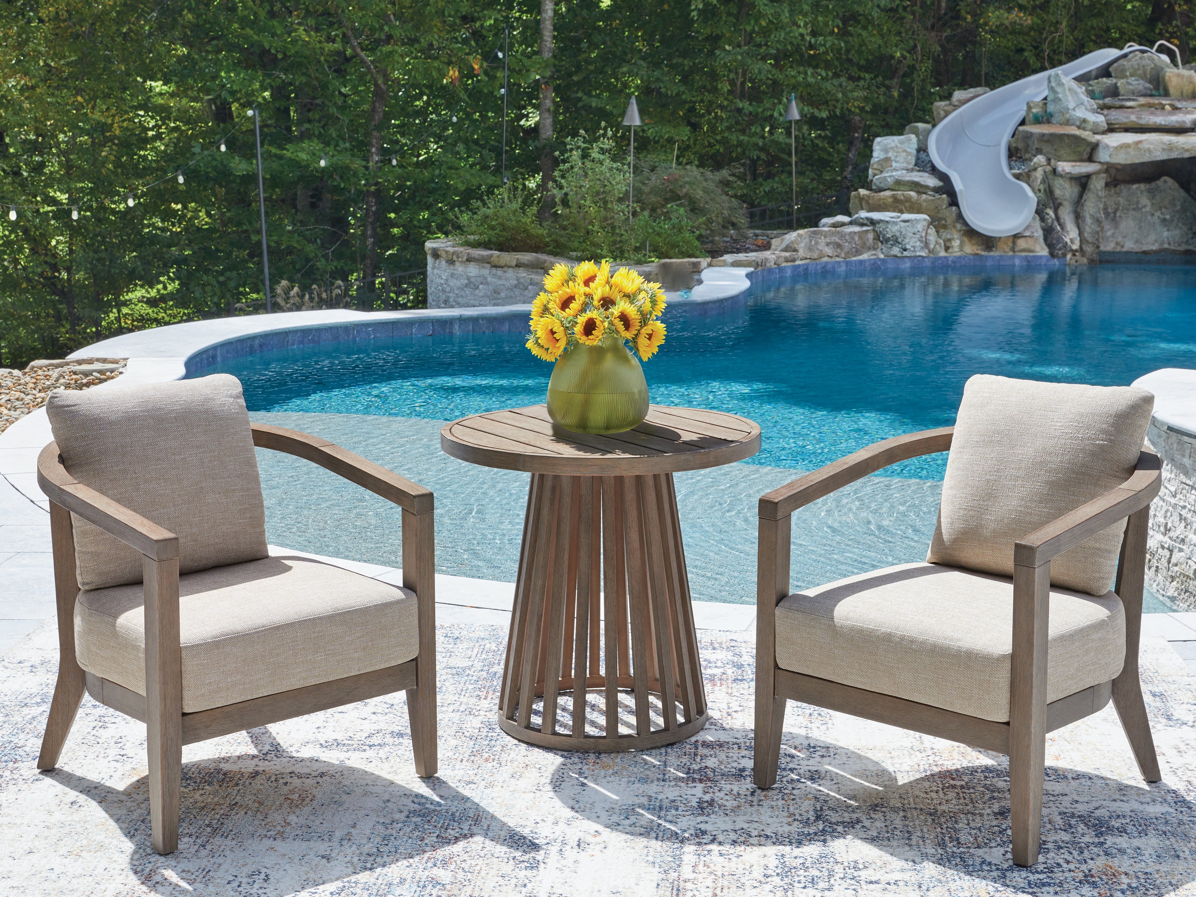 Prime Furniture - Ashley Furniture - Joy Lagoon Outdoor - Chairs w/CUSH/Table Set (3/CN) - PCP310-050