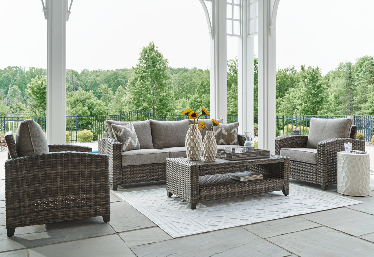 Prime Furniture - Ashley Furniture - Oasis Court Outdoor - Sofa/Chairs/Table Set (4/CN) / Gray - P335-081