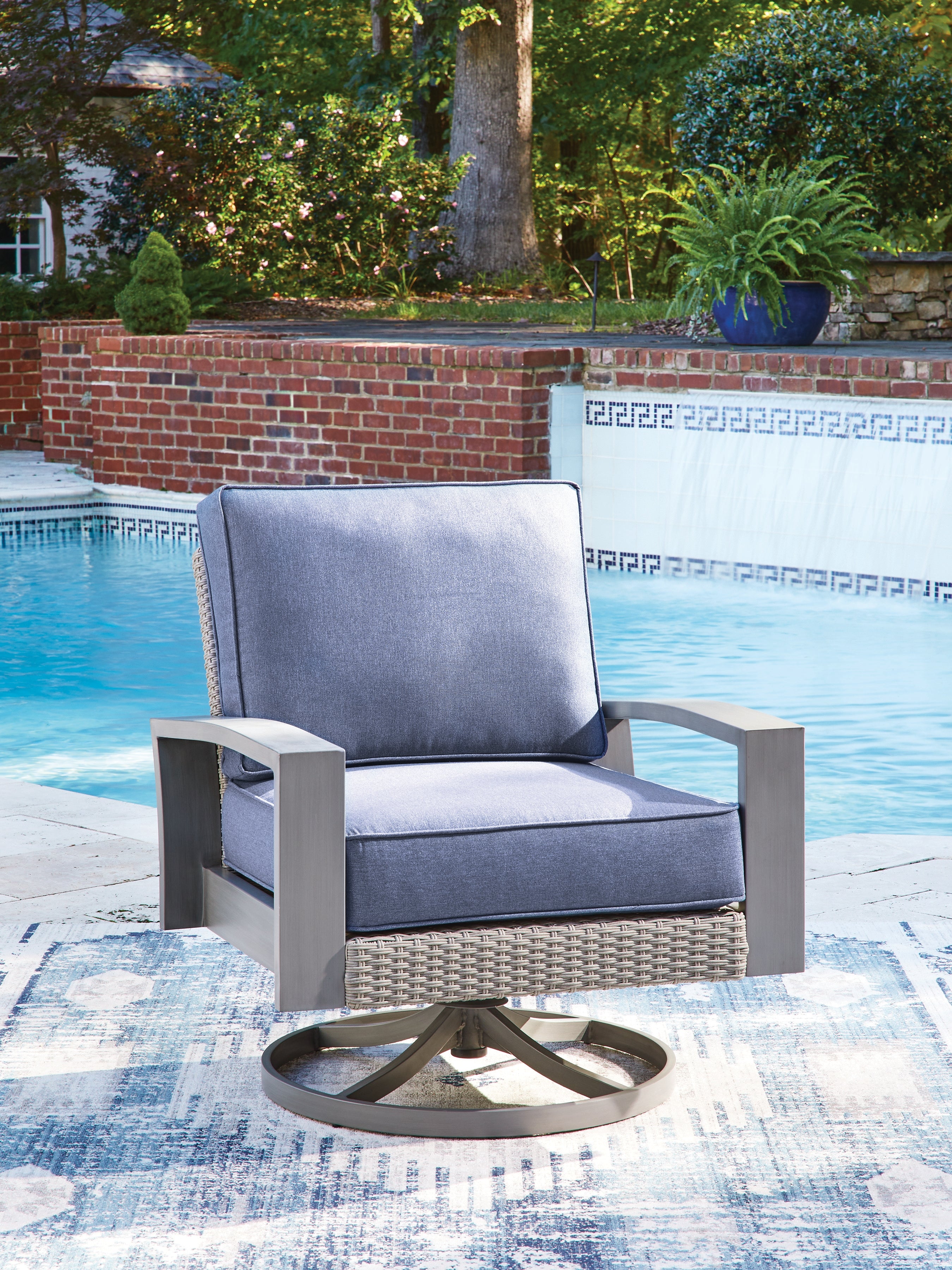 Prime Furniture - Ashley Furniture - Half Moon Beach Outdoor - Swivel Lounge w/ Cushion / Blue/Gray - PCP418-821