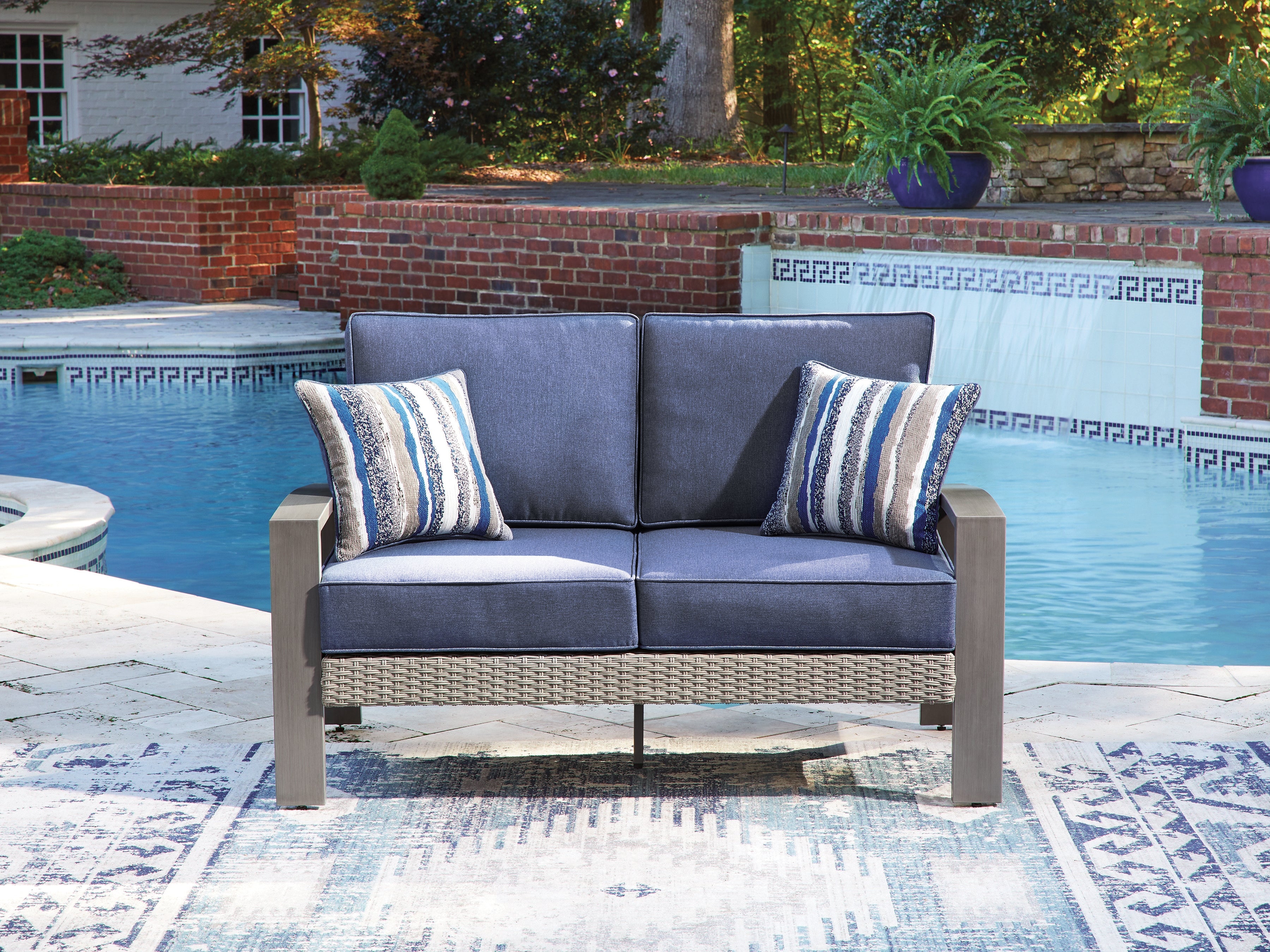 Prime Furniture - Ashley Furniture - Half Moon Beach Outdoor - Loveseat w/Cushion / Blue/Gray - PCP418-835