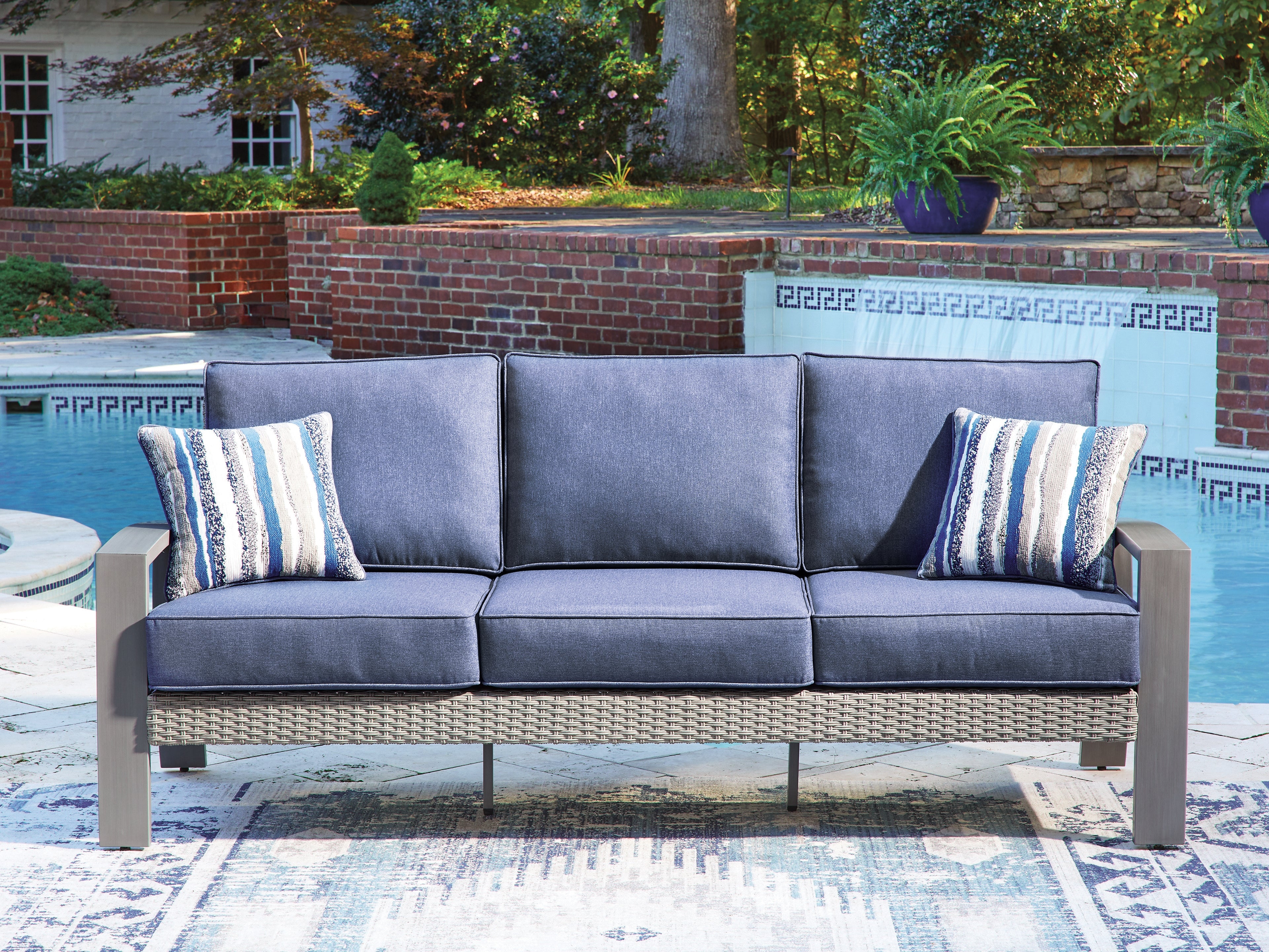 Prime Furniture - Ashley Furniture - Half Moon Beach Outdoor - Sofa with Cushion / Blue/Gray - PCP418-838
