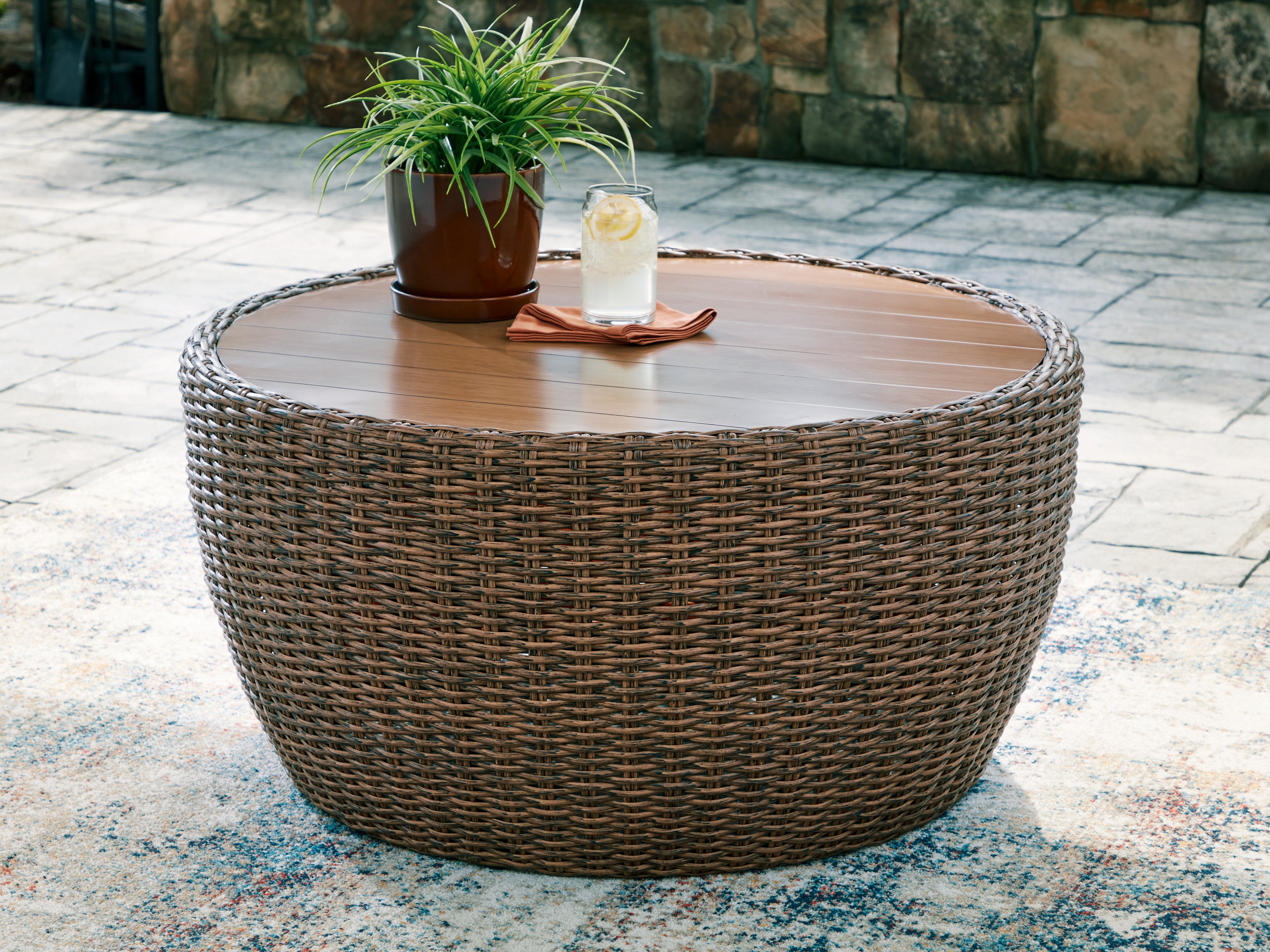 Prime Furniture - Ashley Furniture - Double Point Outdoor - Round Cocktail Table / Beige - PCP503-708