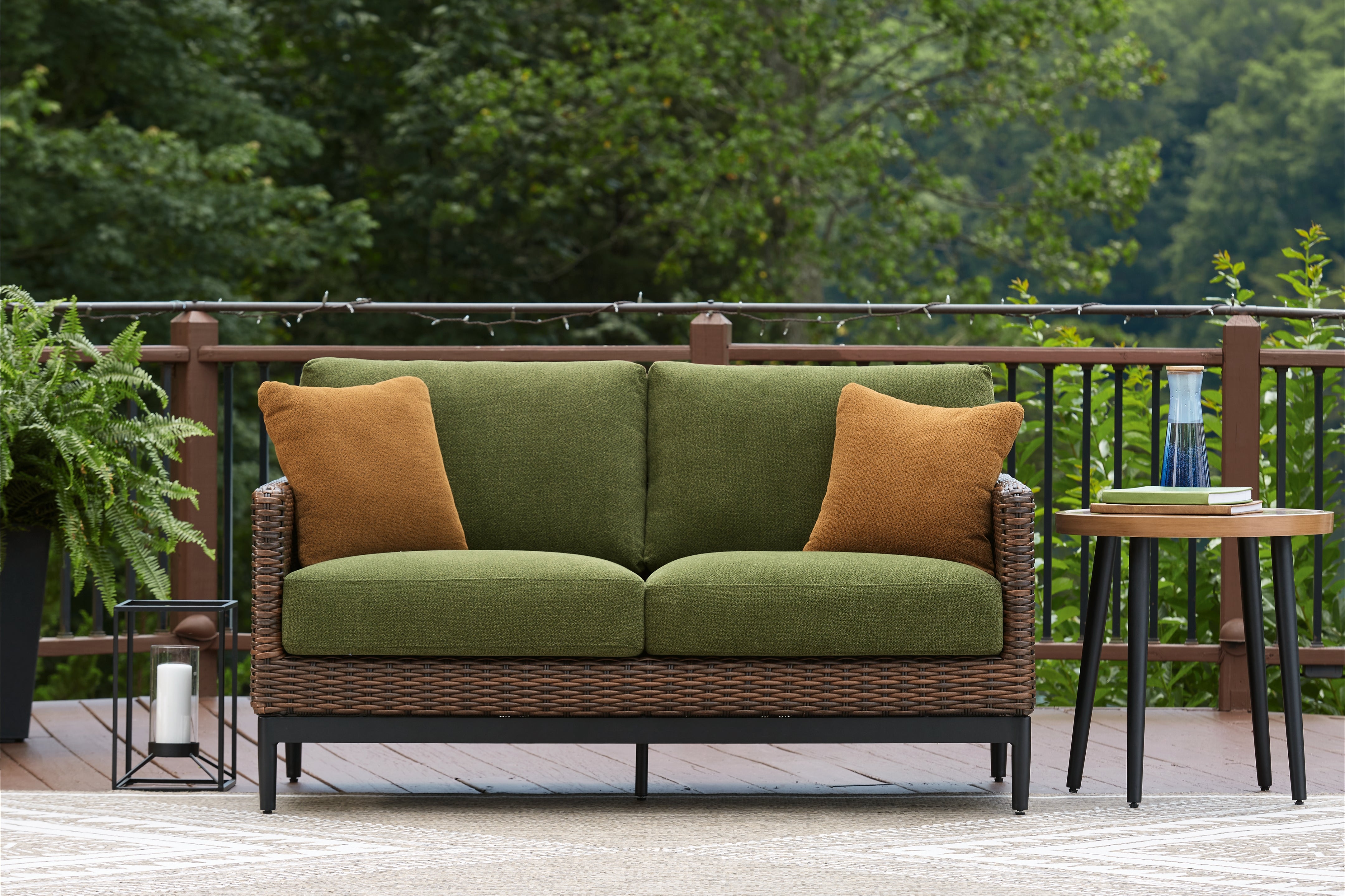 Prime Furniture - Ashley Furniture - Horizon Hall Outdoor - Loveseat w/Cushion / Brown/Green - P572-835