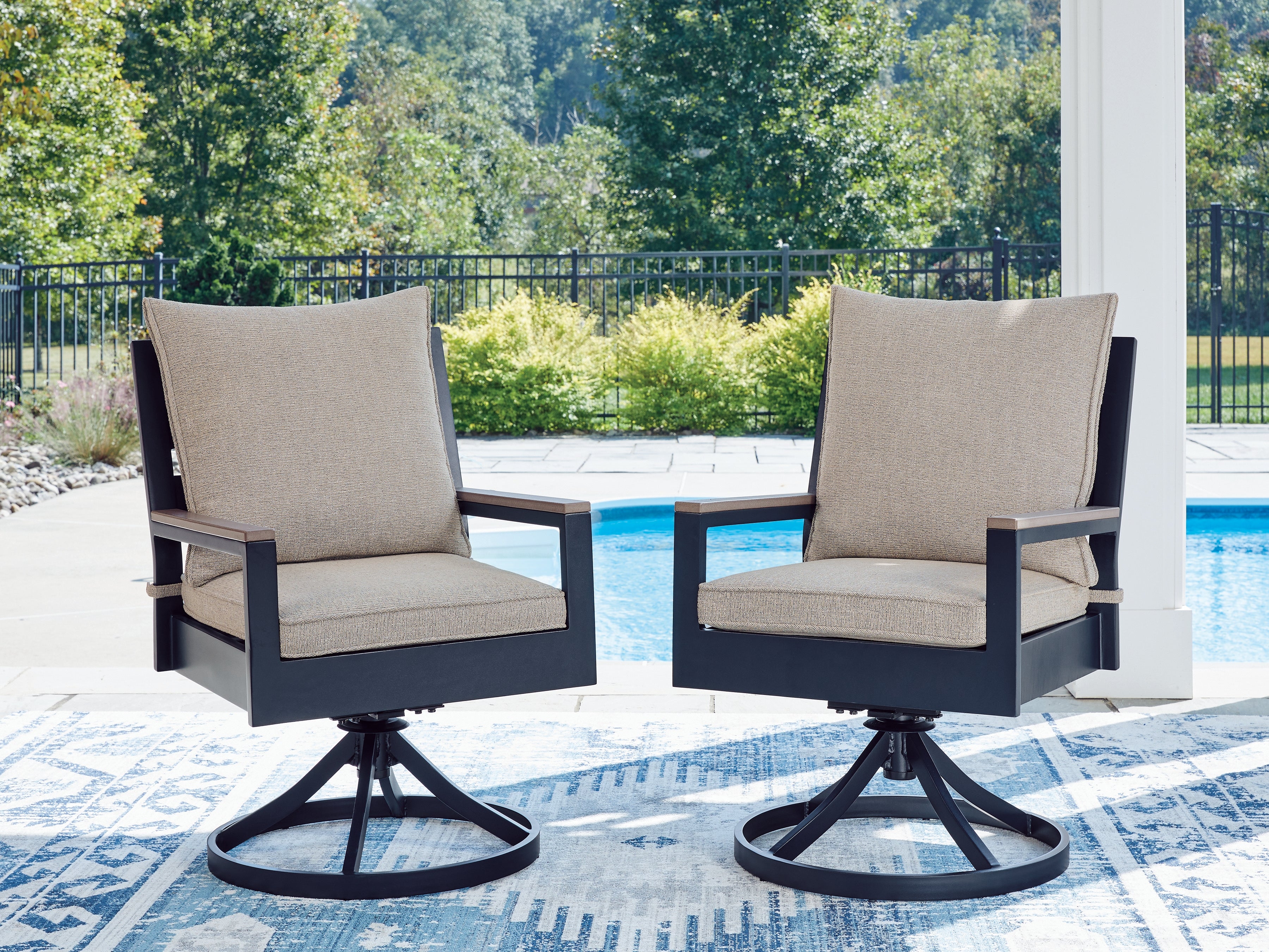 Prime Furniture - Ashley Furniture - East Beach Outdoor - Swivel Chair w/Cushion (Set of 2) / Navy Blue/Driftwood - PCP587-602A