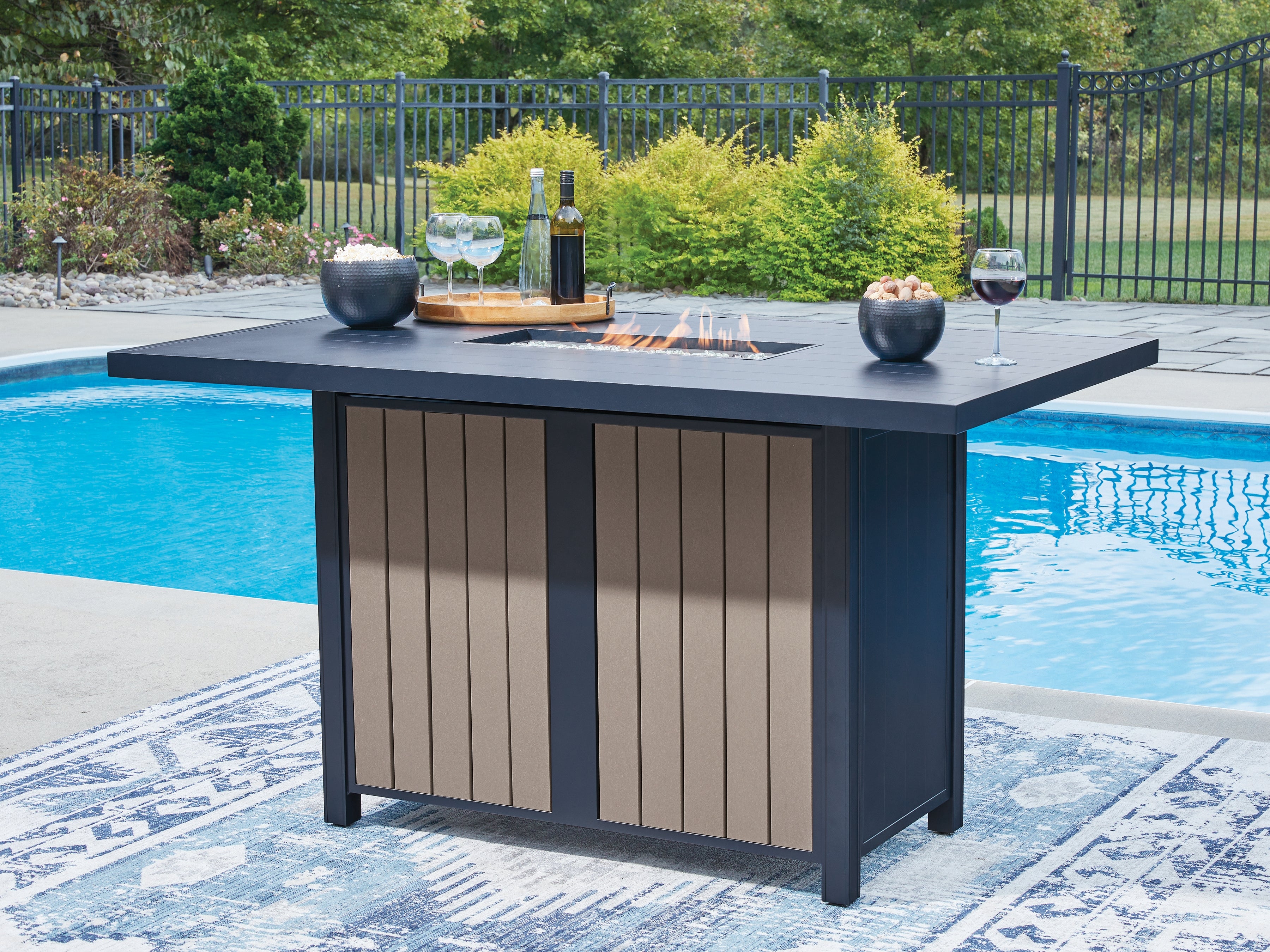 Prime Furniture - Ashley Furniture - East Beach Outdoor - RECT Bar Table w/Fire Pit / Navy Blue/Driftwood - PCP587-665