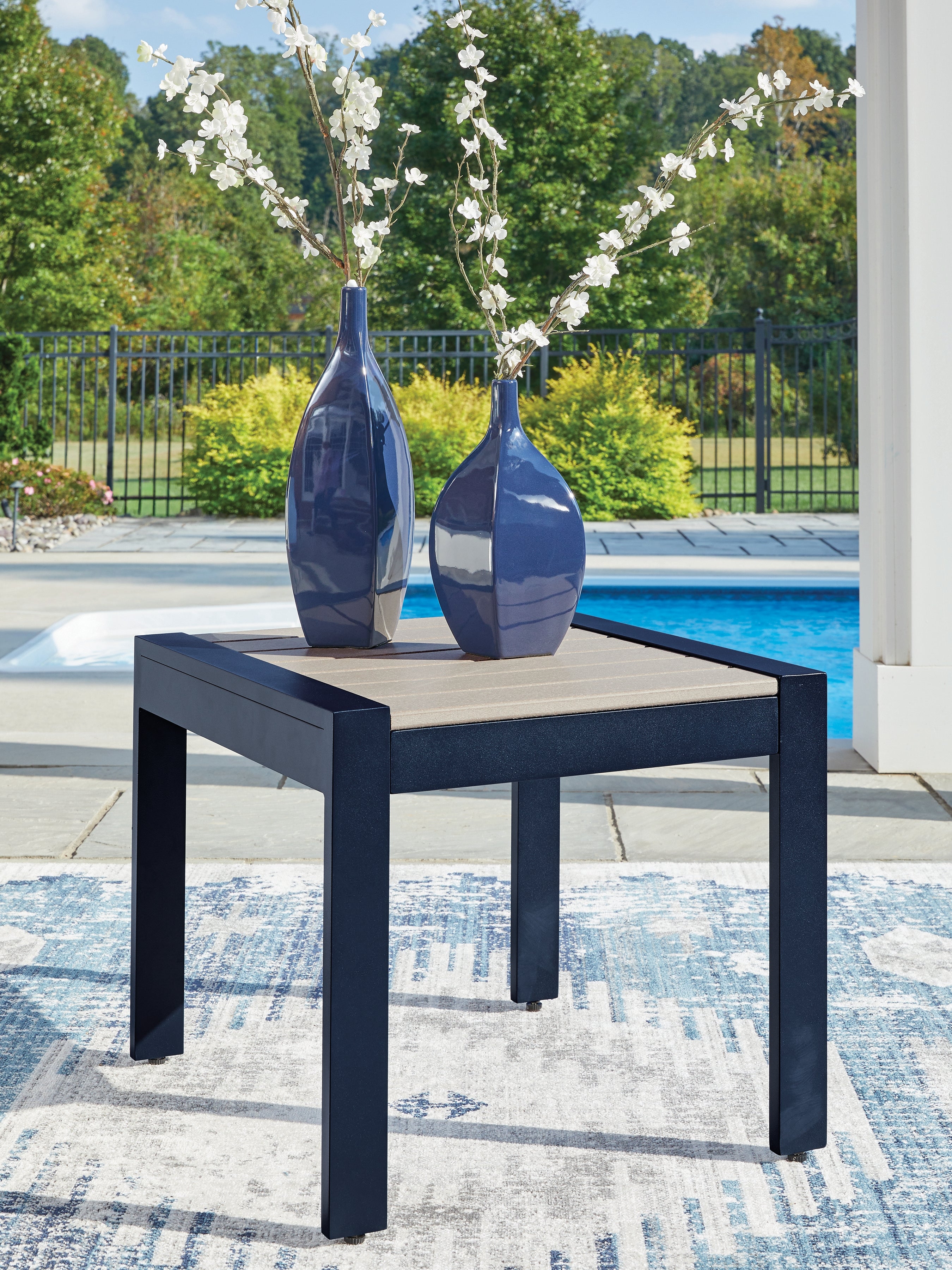Prime Furniture - Ashley Furniture - East Beach Outdoor - Rectangular End Table / Navy Blue/Driftwood - PCP587-703