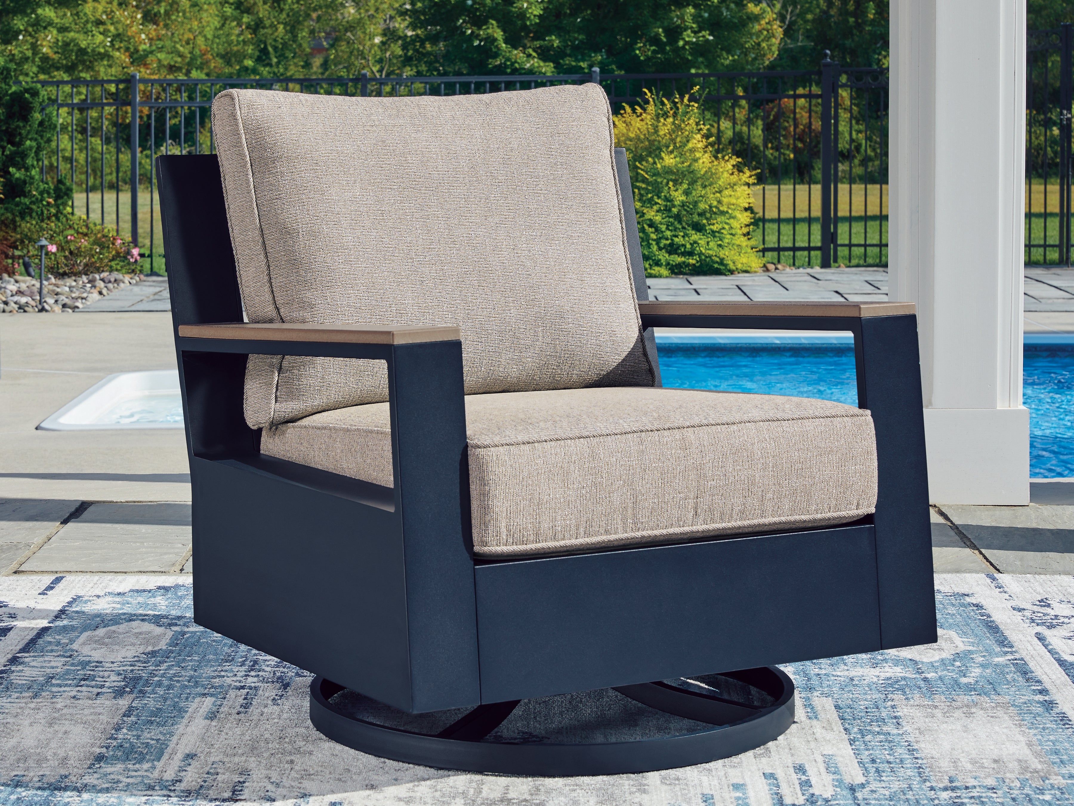 Prime Furniture - Ashley Furniture - East Beach Outdoor - Swivel Glider Chair w/Cushion / Navy Blue/Driftwood - PCP587-821