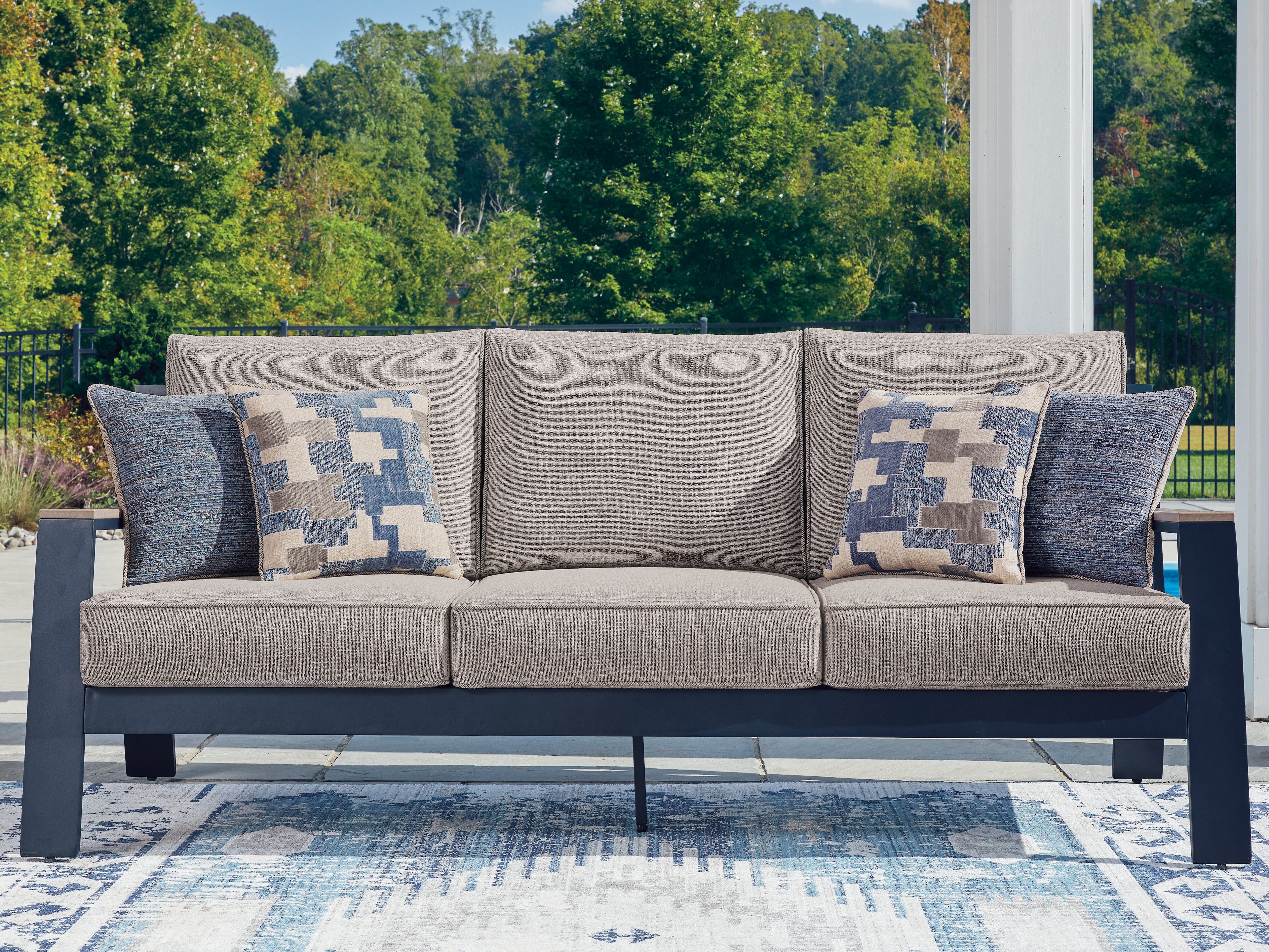 Prime Furniture - Ashley Furniture - East Beach Outdoor - Sofa with Cushion / Navy Blue/Driftwood - PCP587-838
