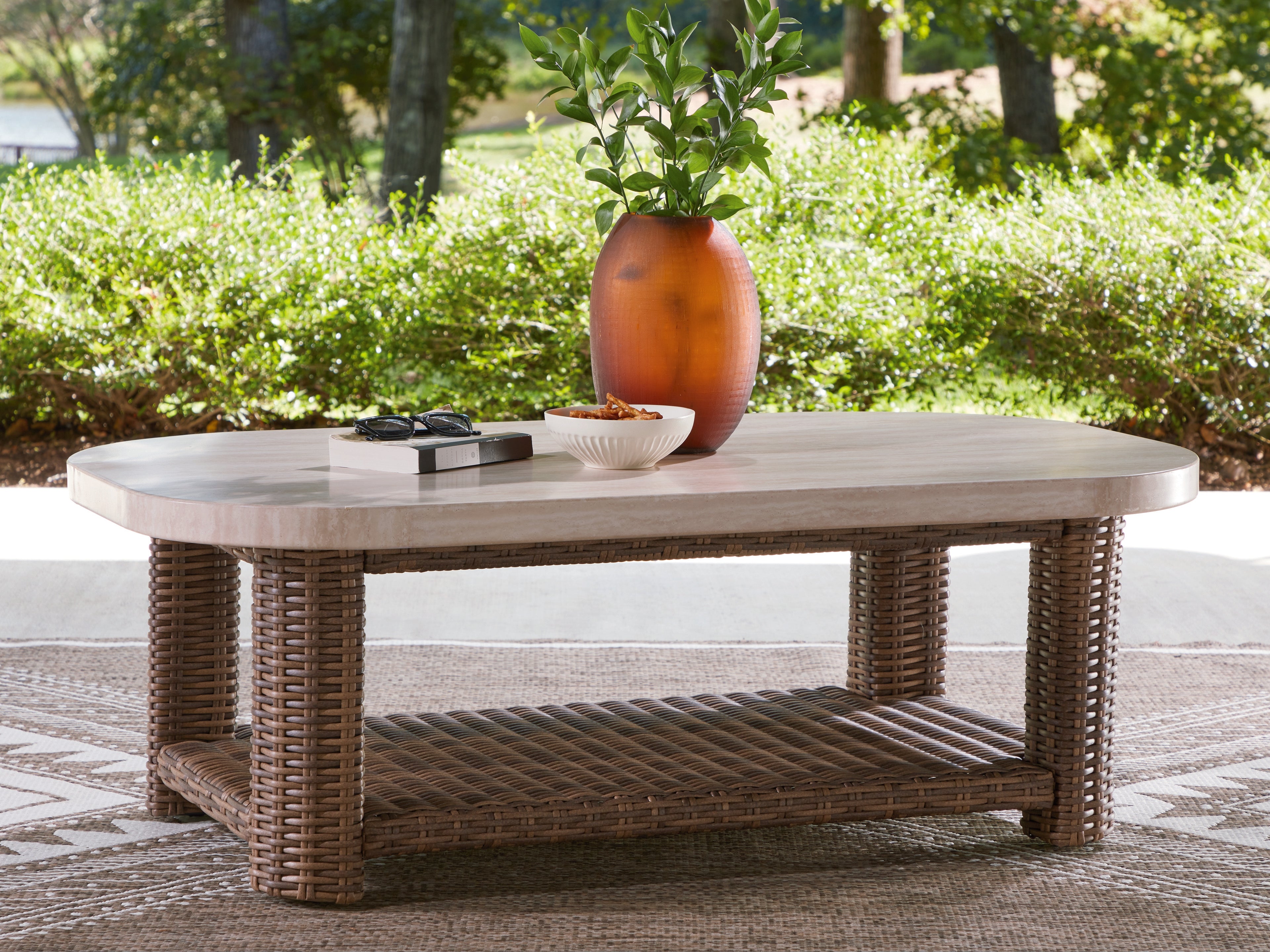 Prime Furniture - Ashley Furniture - Dolan Creek Outdoor - Rectangular Cocktail Table / Beige/Brown - PCP610-701