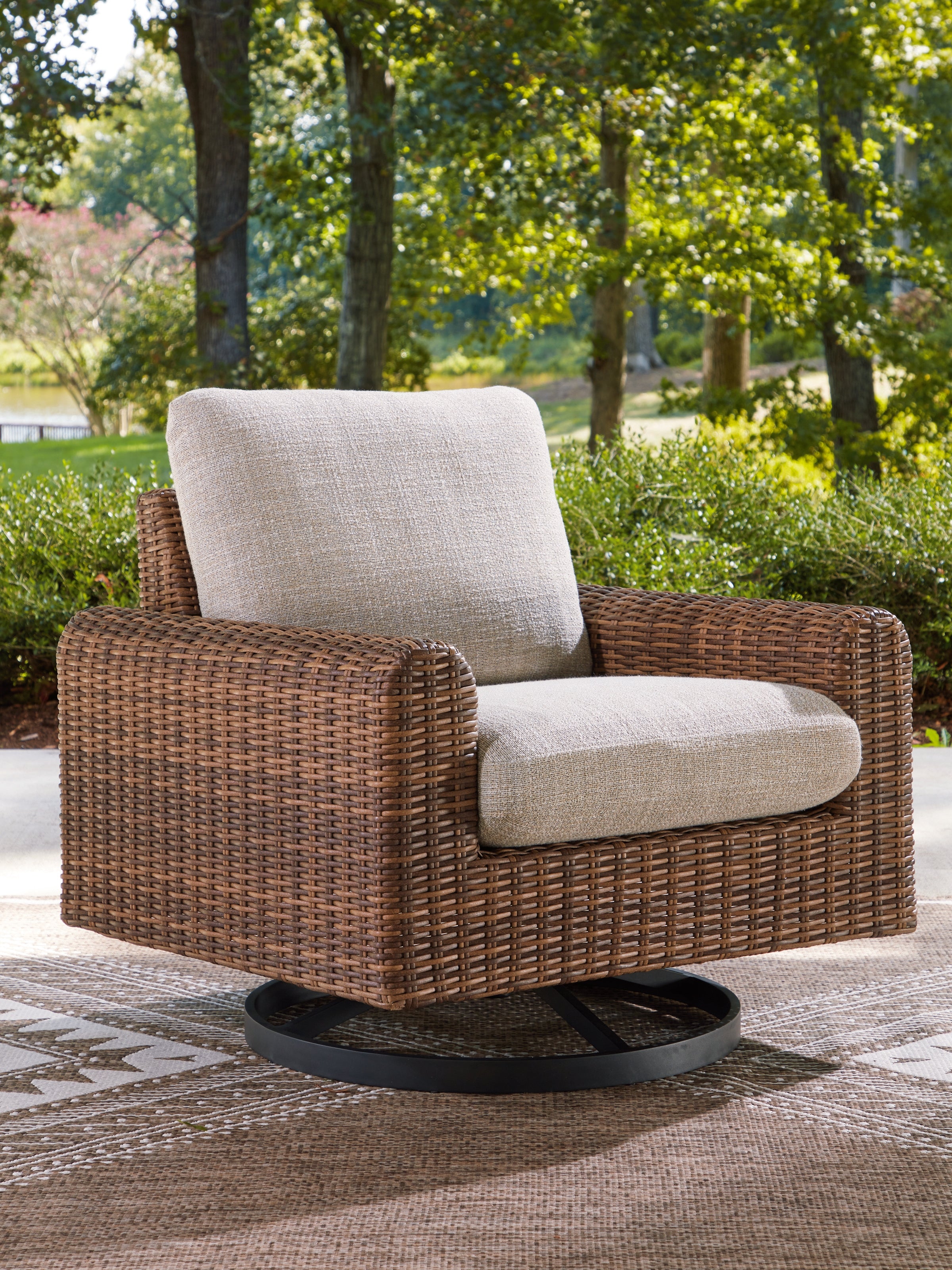 Prime Furniture - Ashley Furniture - Dolan Creek Outdoor - Swivel Lounge w/ Cushion / Gray/Brown - PCP610-821