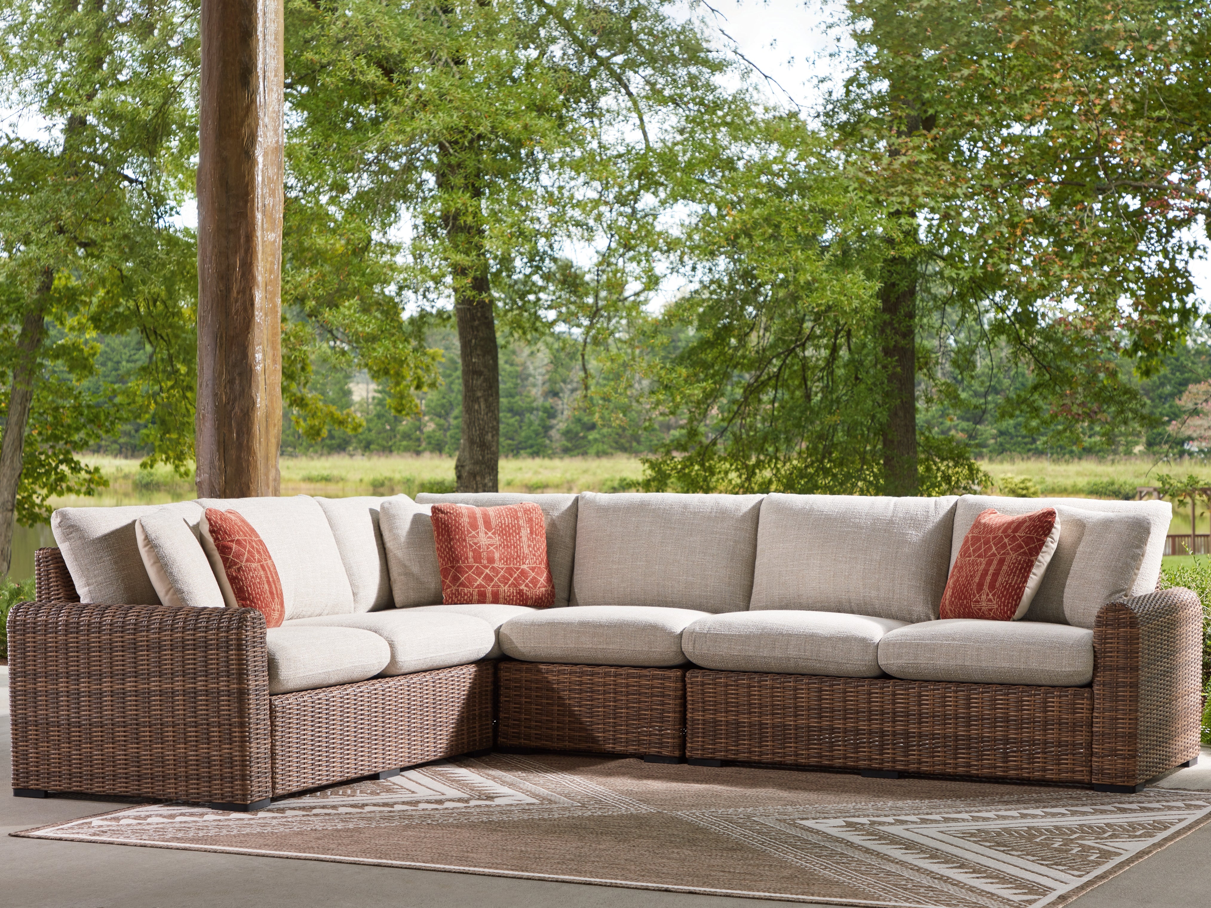 Prime Furniture - Ashley Furniture - Dolan Creek Outdoor - 4-Piece Outdoor Sectional / Beige/Brown - PCP610P2