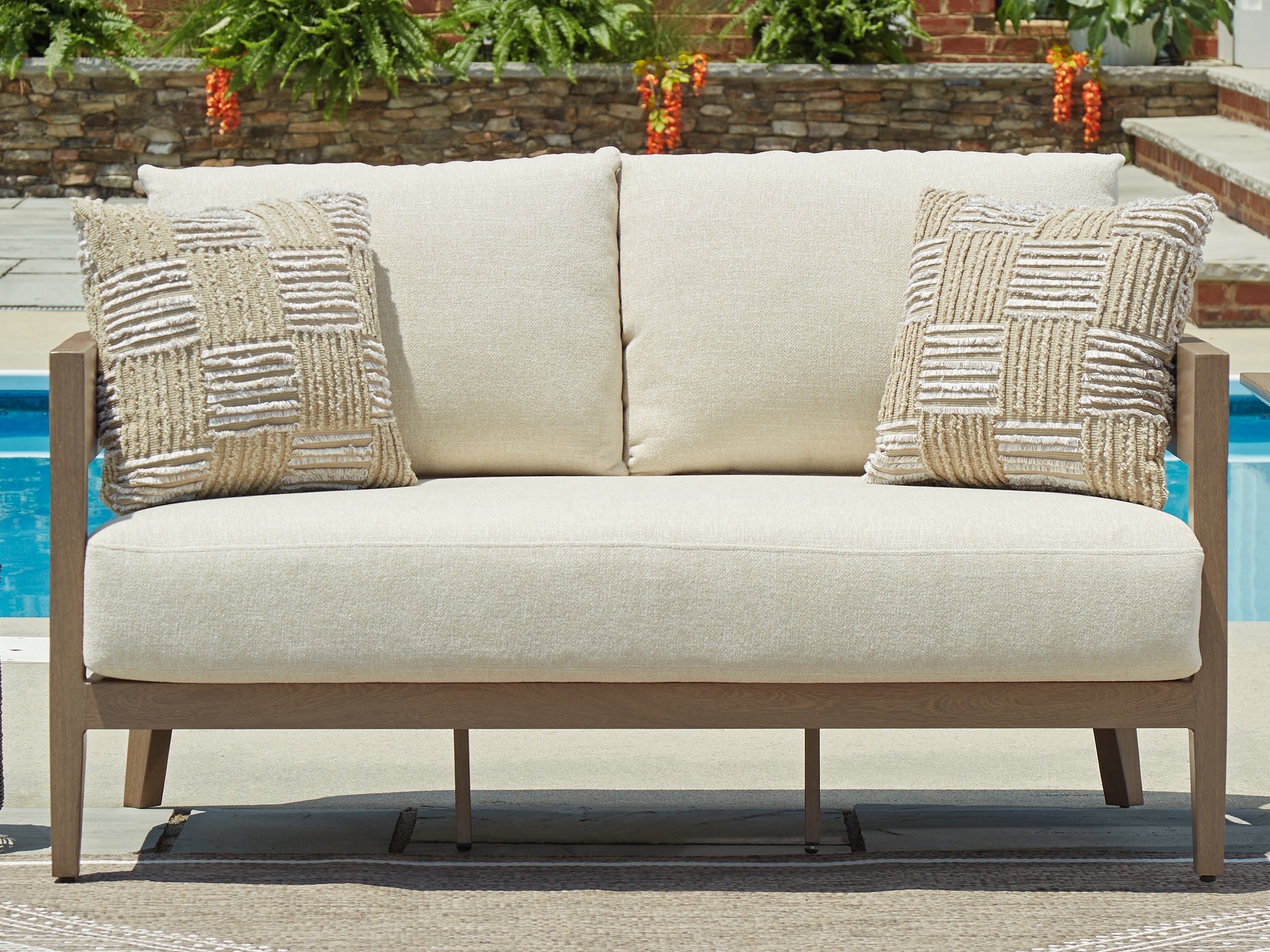 Prime Furniture - Ashley Furniture - Serene Bay Outdoor - Loveseat w/Cushion / Dark Brown/White - P671-835