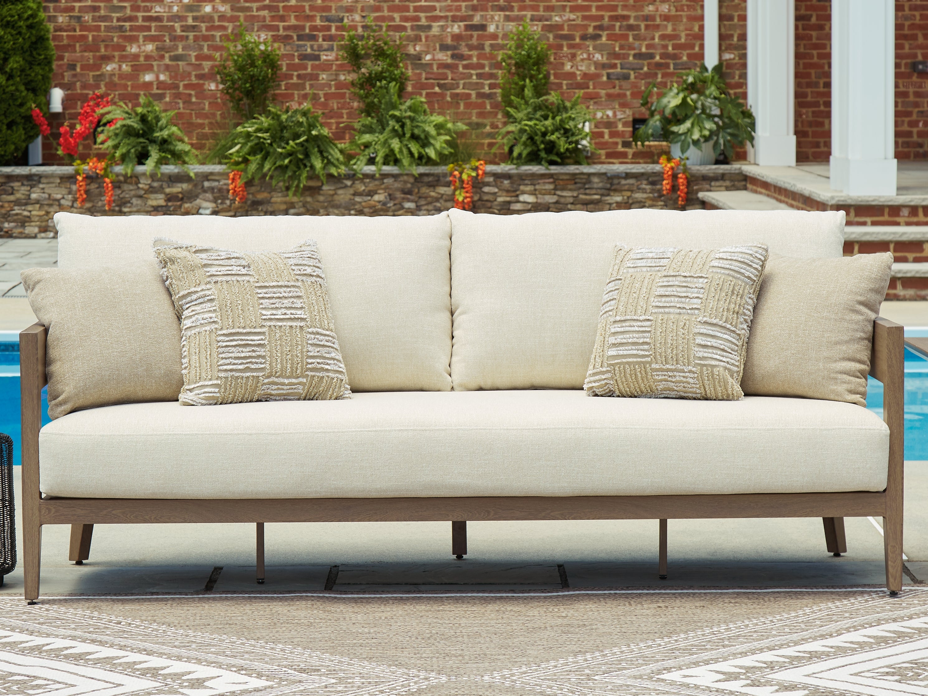 Prime Furniture - Ashley Furniture - Serene Bay Outdoor - Sofa with Cushion / Dark Brown/White - P671-838