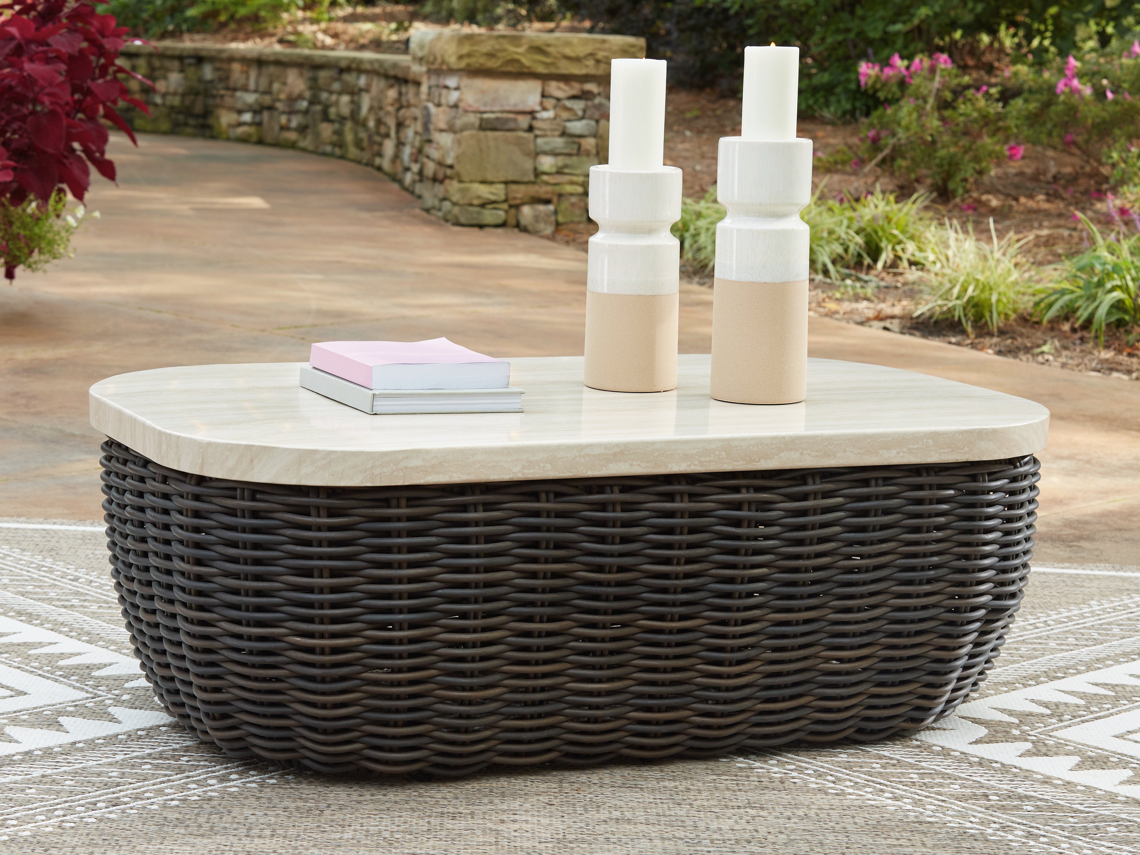 Prime Furniture - Ashley Furniture - Kimora Outdoor - Rectangular Cocktail Table / Beige/Dark Brown - P711-701