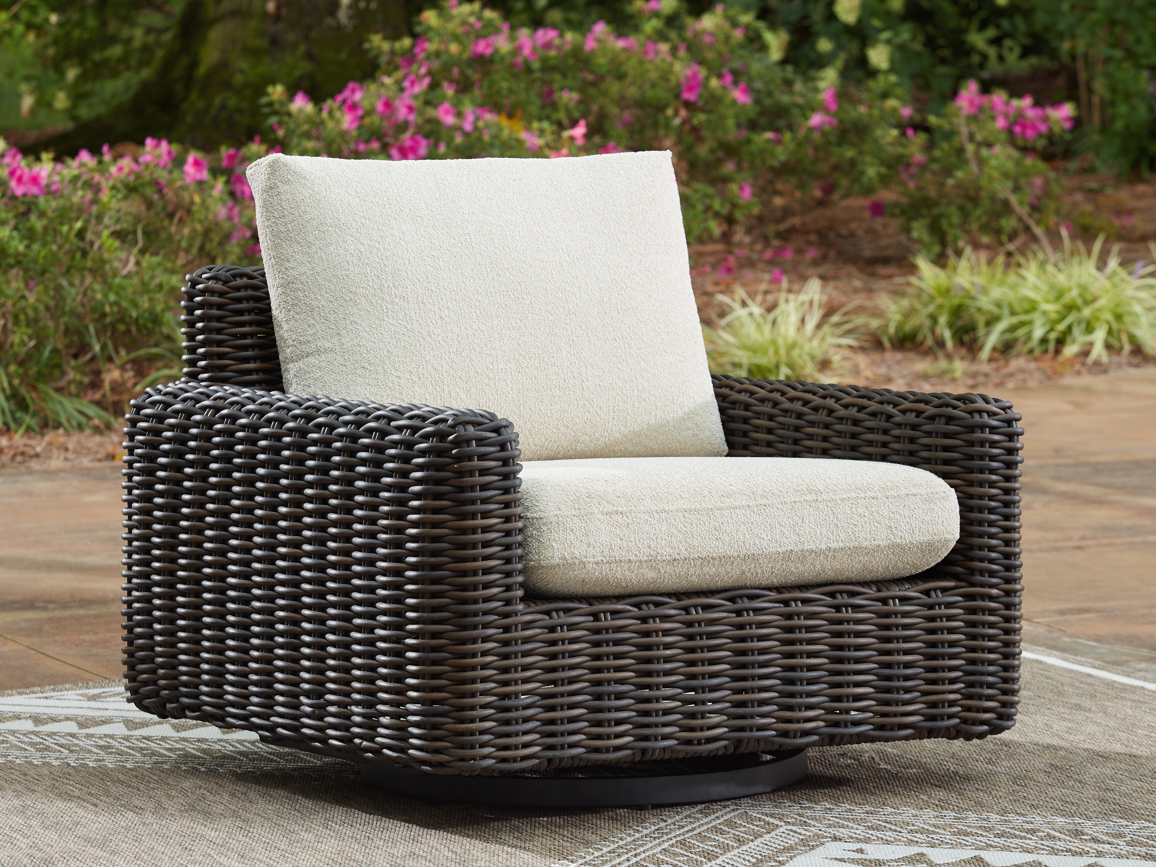 Prime Furniture - Ashley Furniture - Kimora Outdoor - Swivel Glider Lounge w/Cushion / Beige/Dark Brown - P711-821