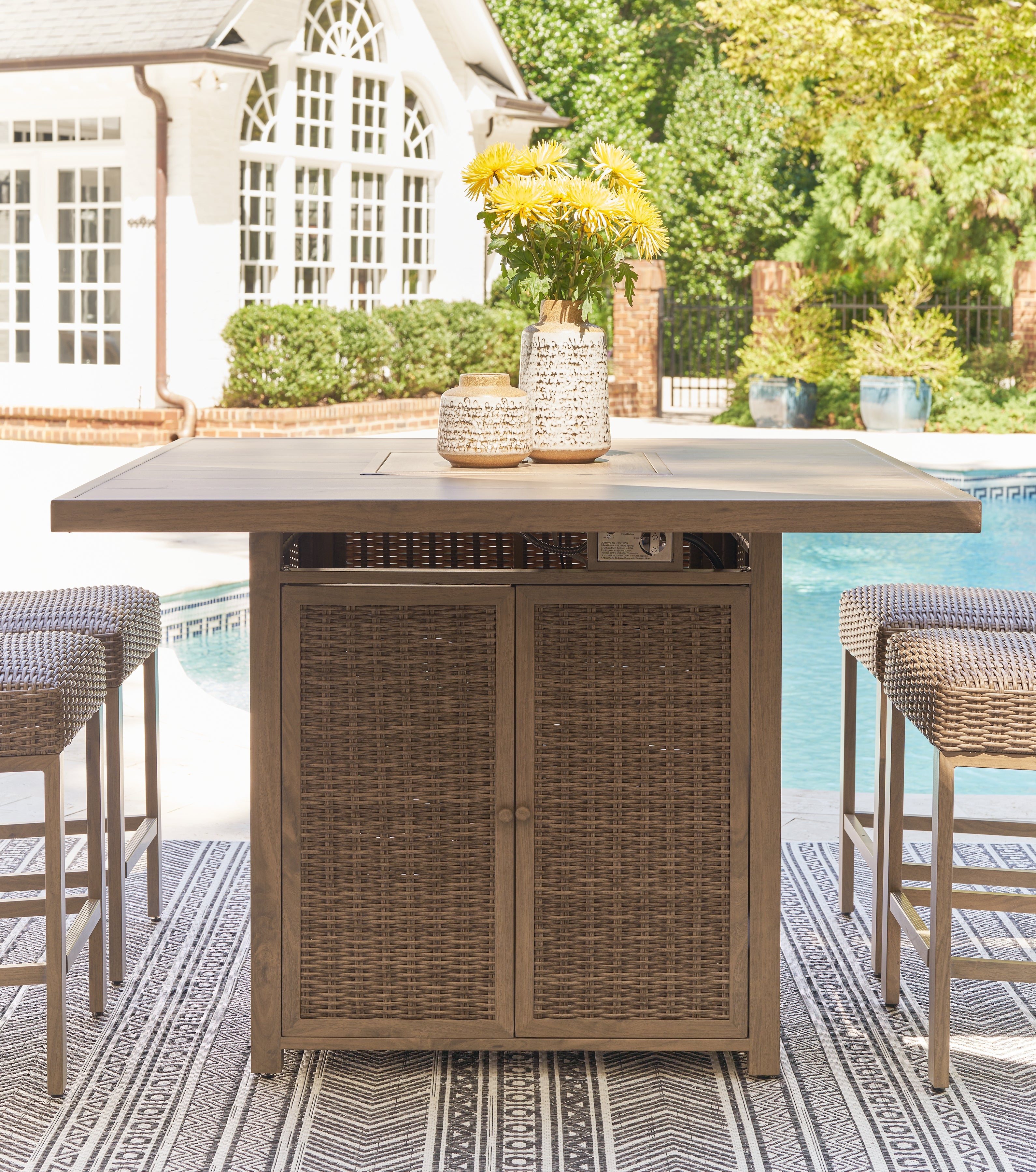 Prime Furniture - Ashley Furniture - Walton Bridge Outdoor - Square Bar Table w/Fire Pit / Driftwood - P749-665