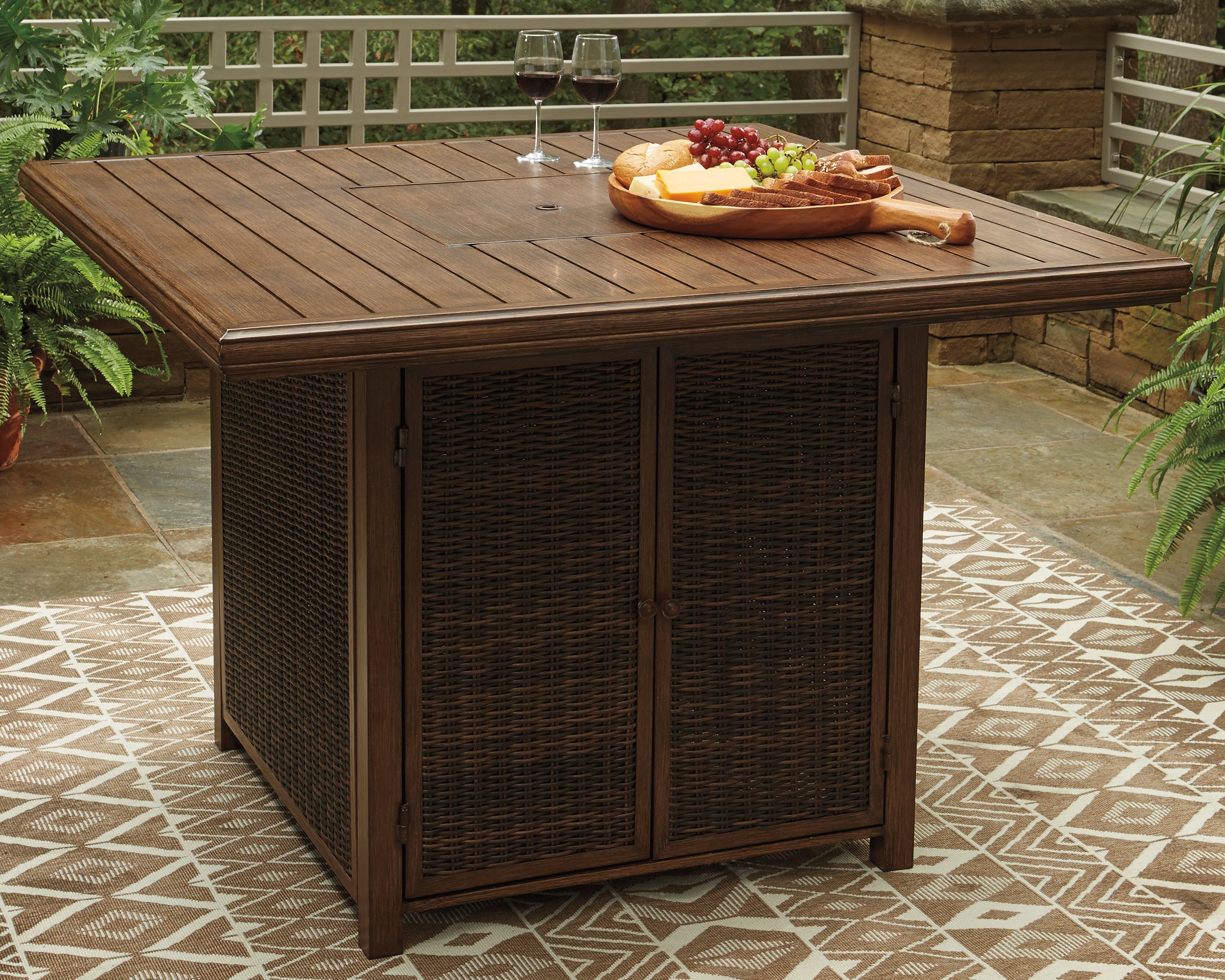 Prime Furniture - Ashley Furniture - Paradise Trail Outdoor - Square Bar Table w/Fire Pit / Medium Brown - P750-665