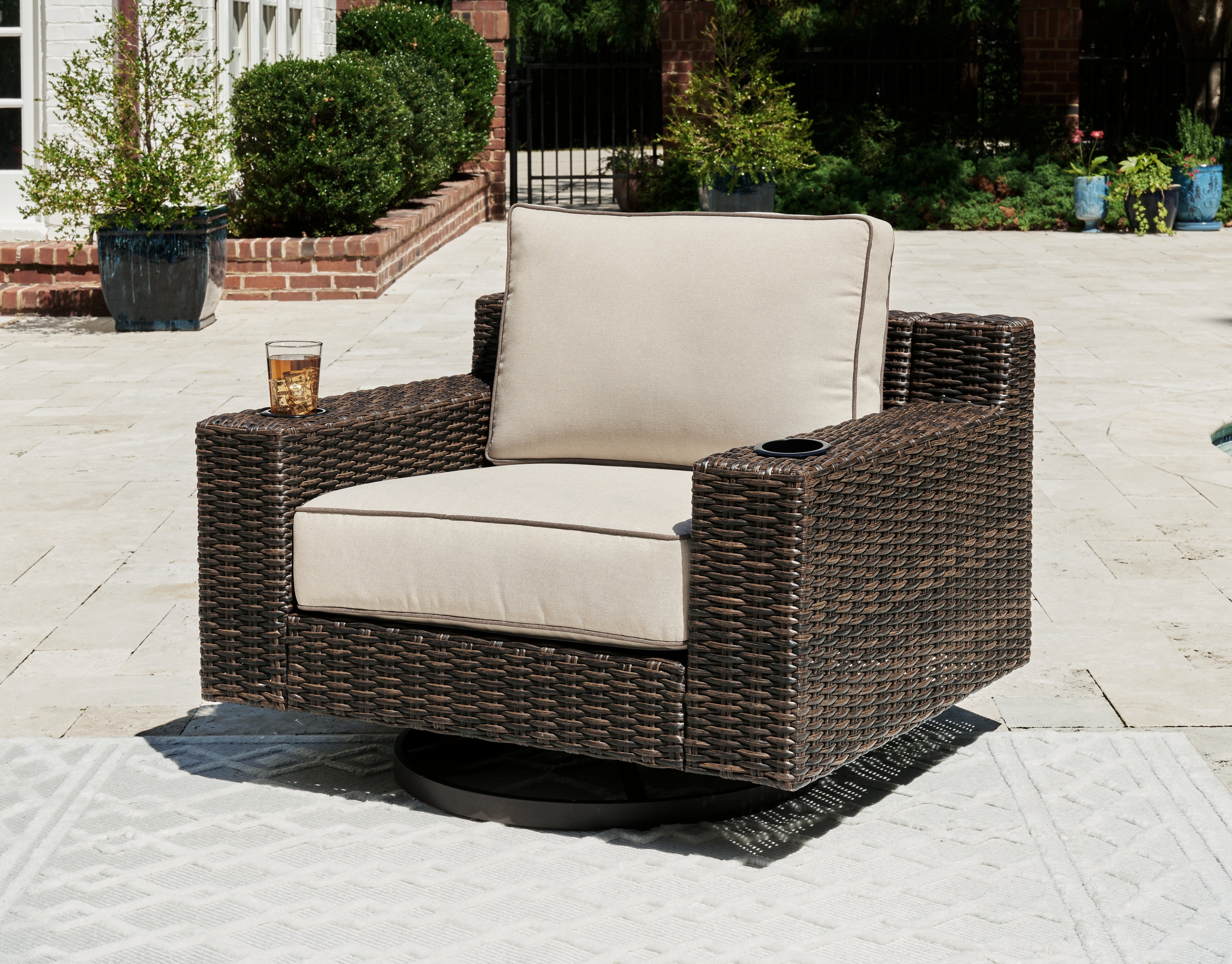 Prime Furniture - Ashley Furniture - Coastline Bay Outdoor - Swivel Lounge w/ Cushion / Brown - P784-821