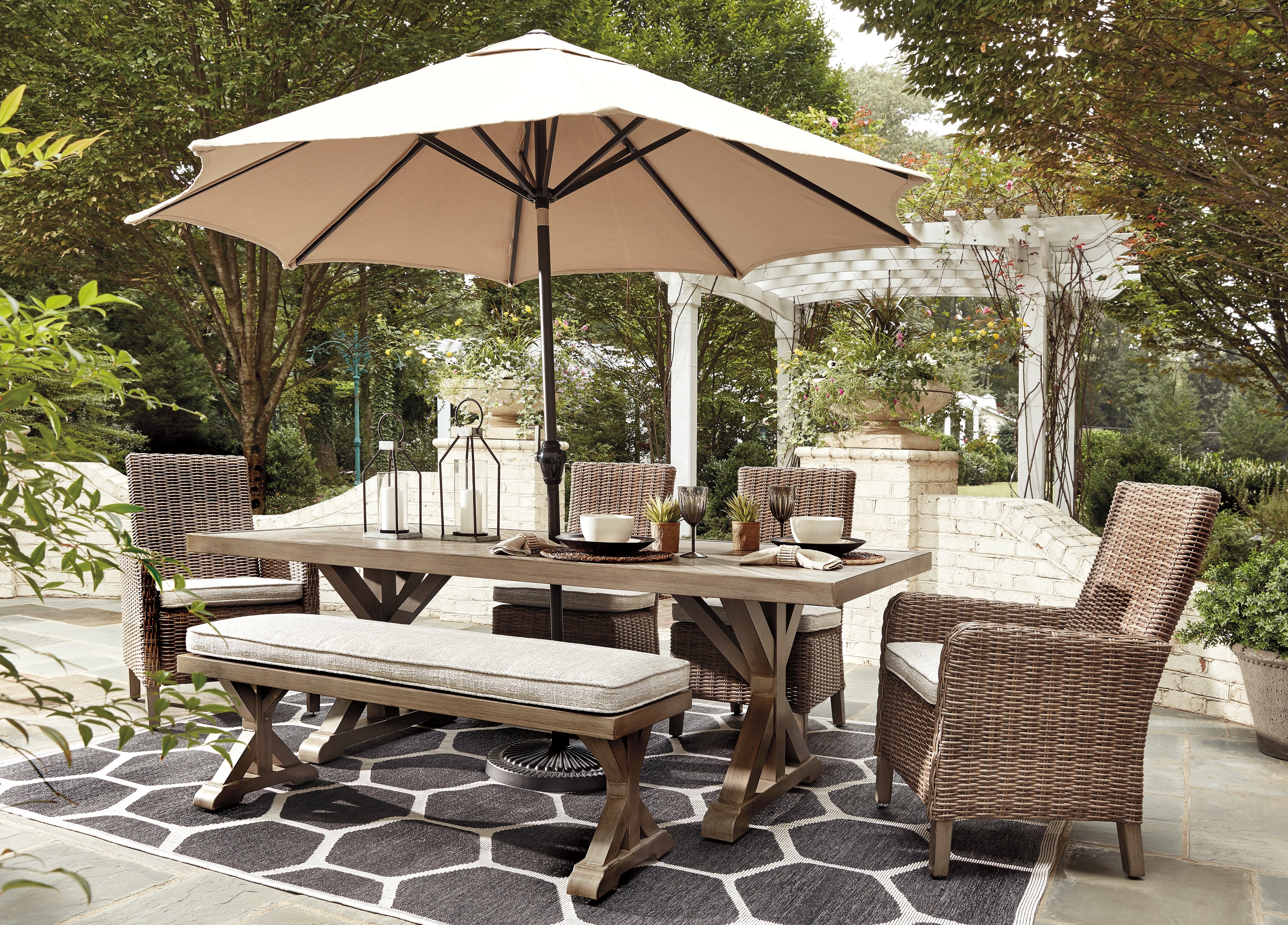 Prime Furniture - Ashley Furniture - Beachcroft Outdoor - RECT Dining Table w/UMB OPT / Beige - P791-625