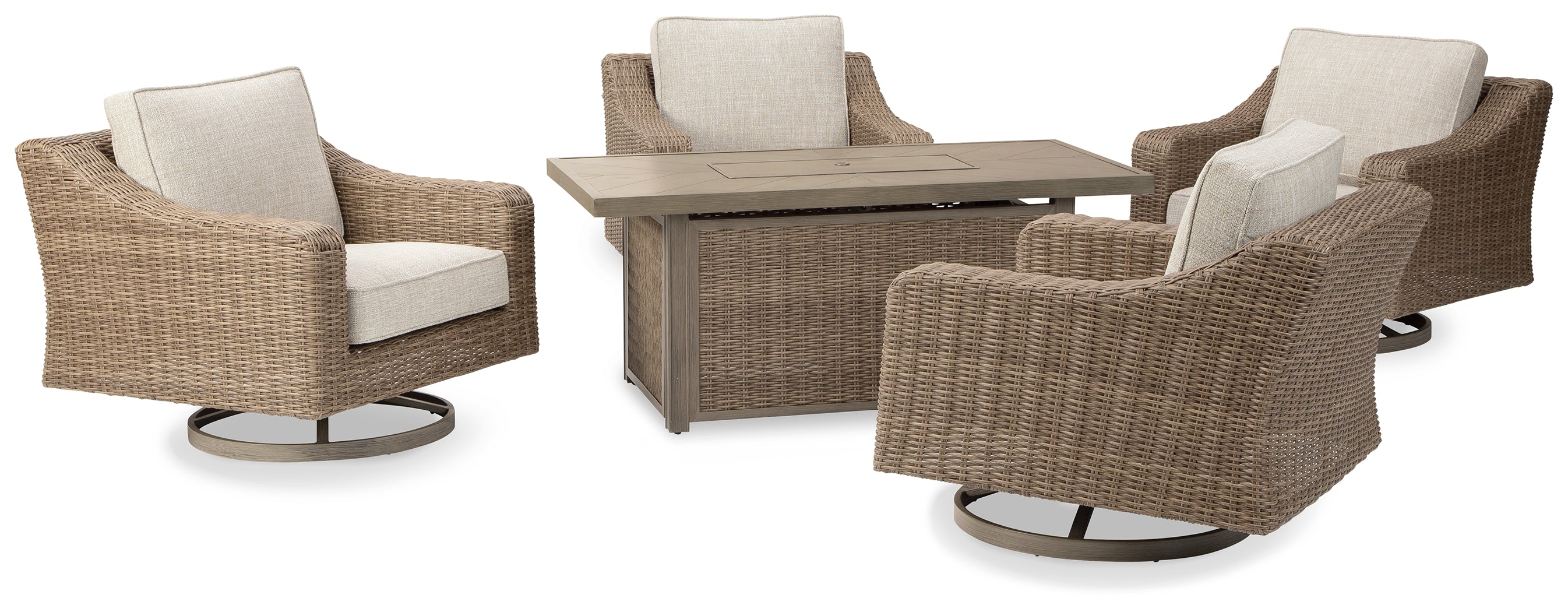 Prime Furniture - Ashley Furniture - Beachcroft Outdoor - 5-Piece Outdoor Fire Pit Table with 4 Chairs / Beige - P791P17