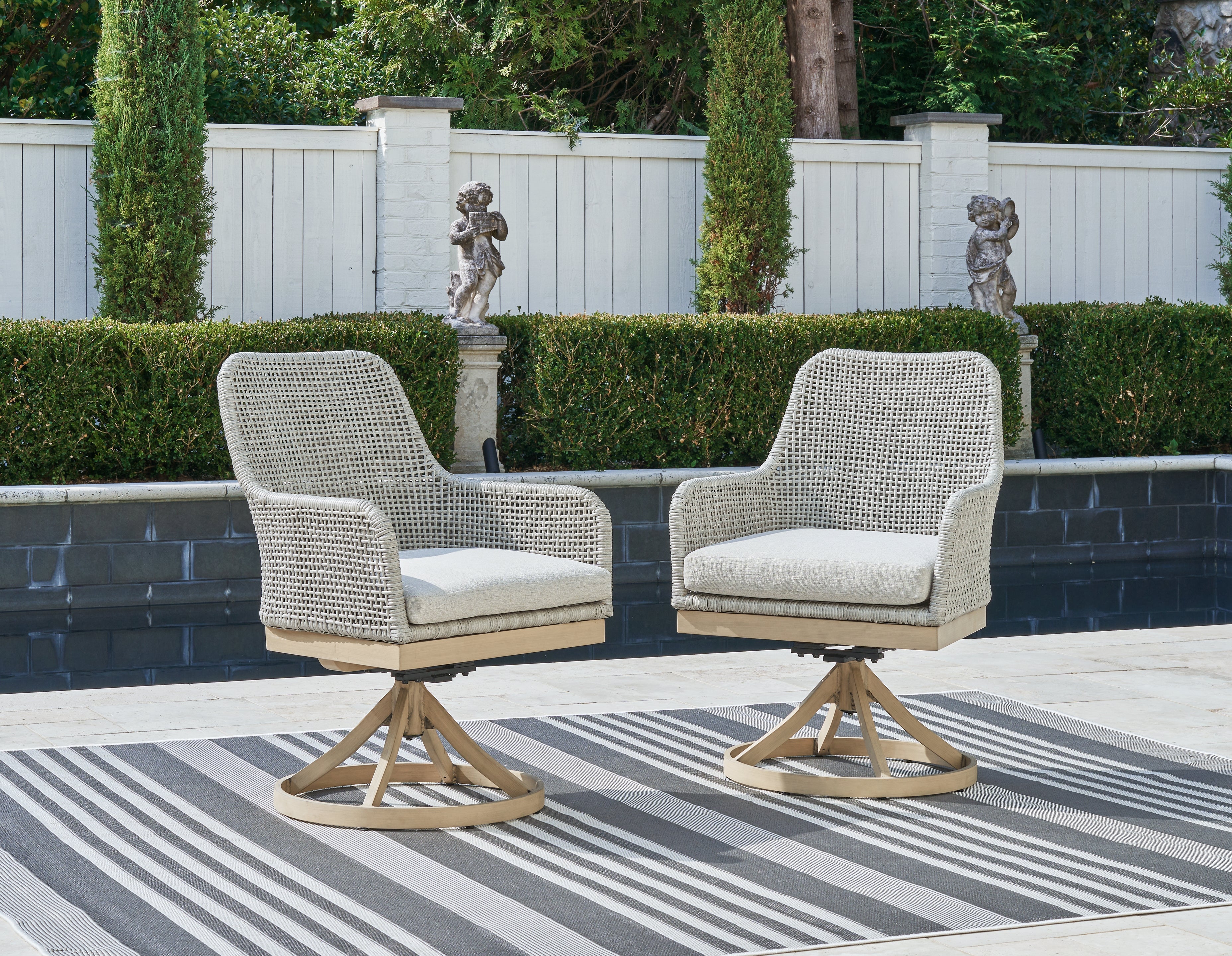Prime Furniture - Ashley Furniture - Seton Creek Outdoor - Swivel Chair w/Cushion (Set of 2) / Gray - P798-602A