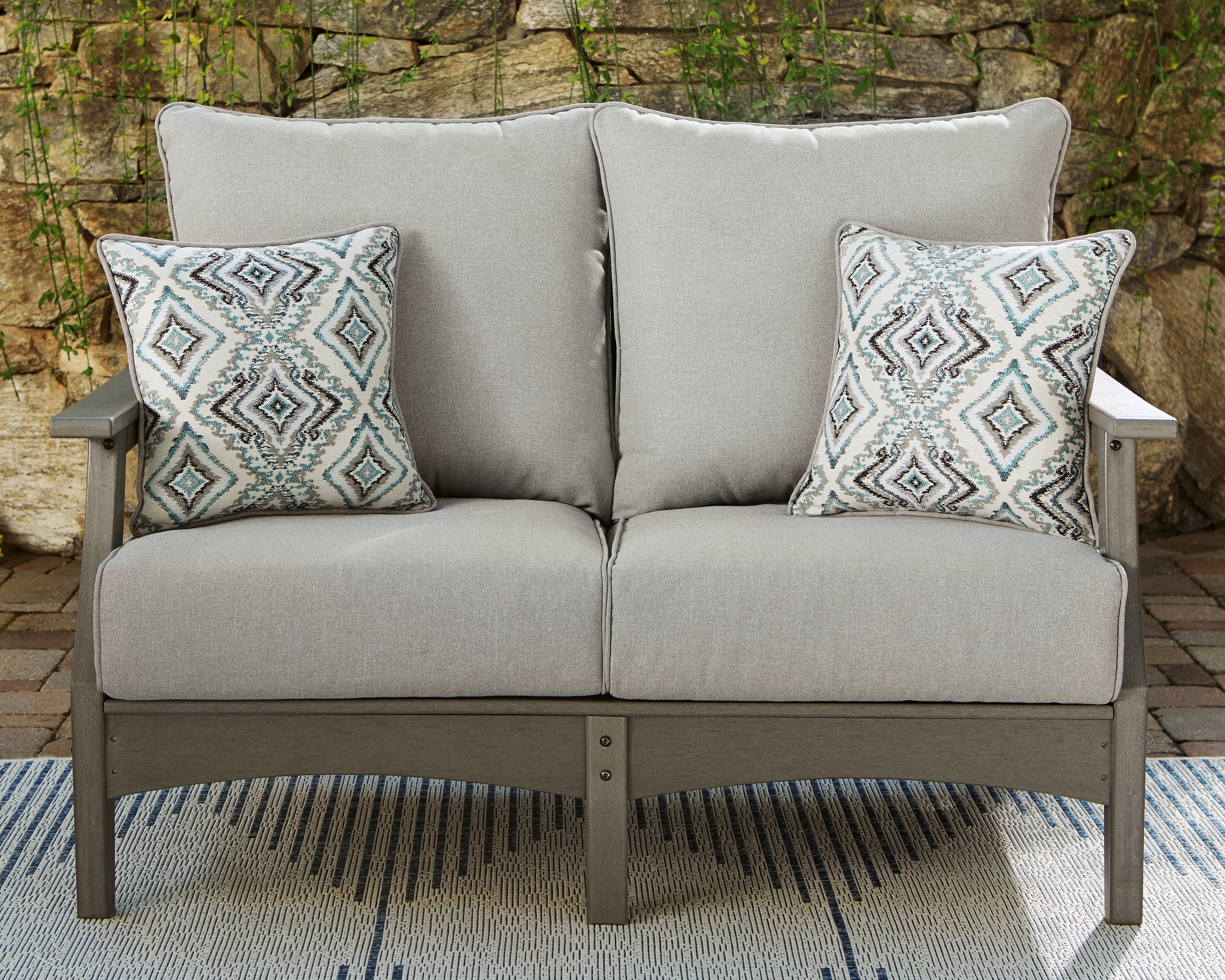 Prime Furniture - Ashley Furniture - Visola Outdoor - Loveseat w/Cushion / Gray - P802-835
