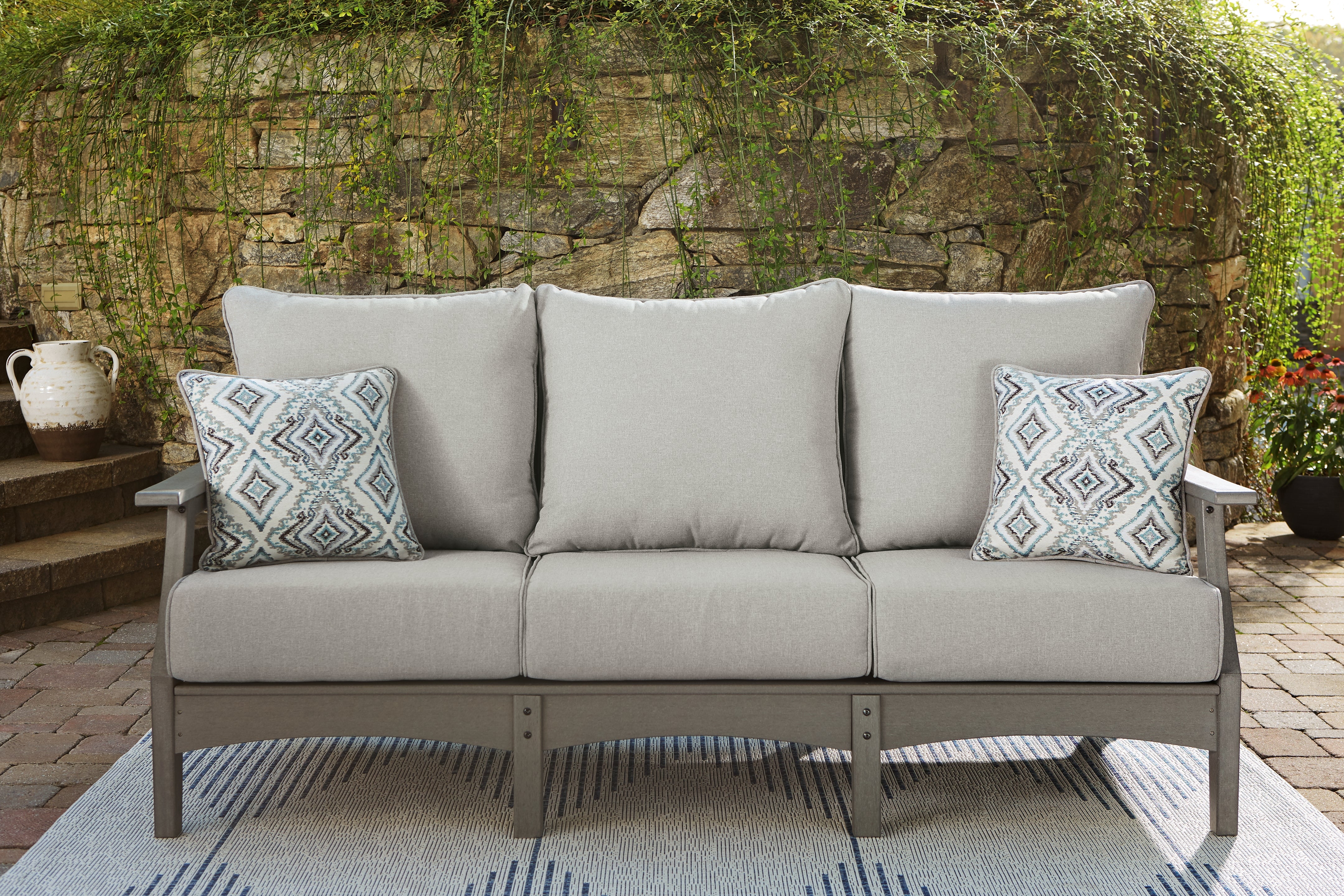 Prime Furniture - Ashley Furniture - Visola Outdoor - Sofa with Cushion / Gray - P802-838
