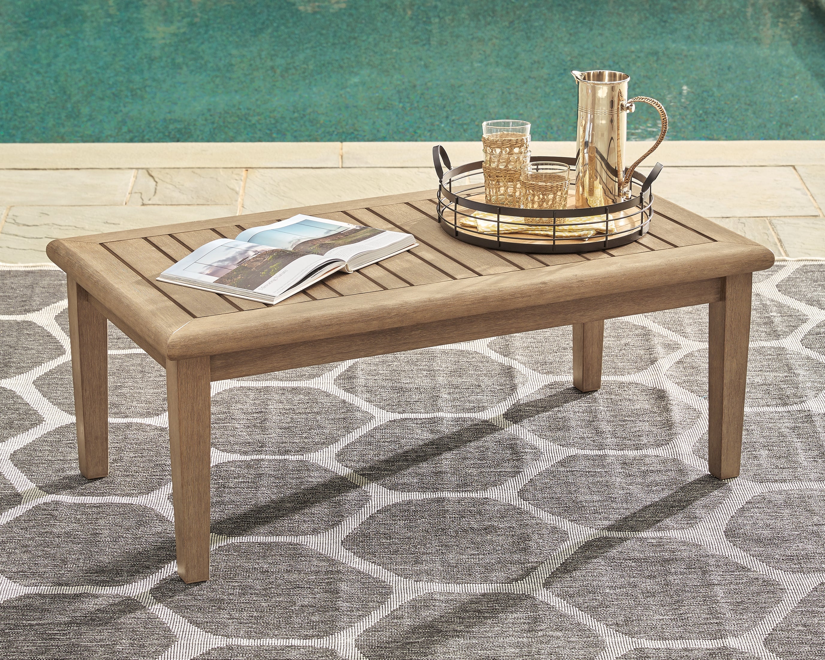 Prime Furniture - Ashley Furniture - Gerianne Outdoor - Rectangular Cocktail Table / Grayish Brown - P805-701