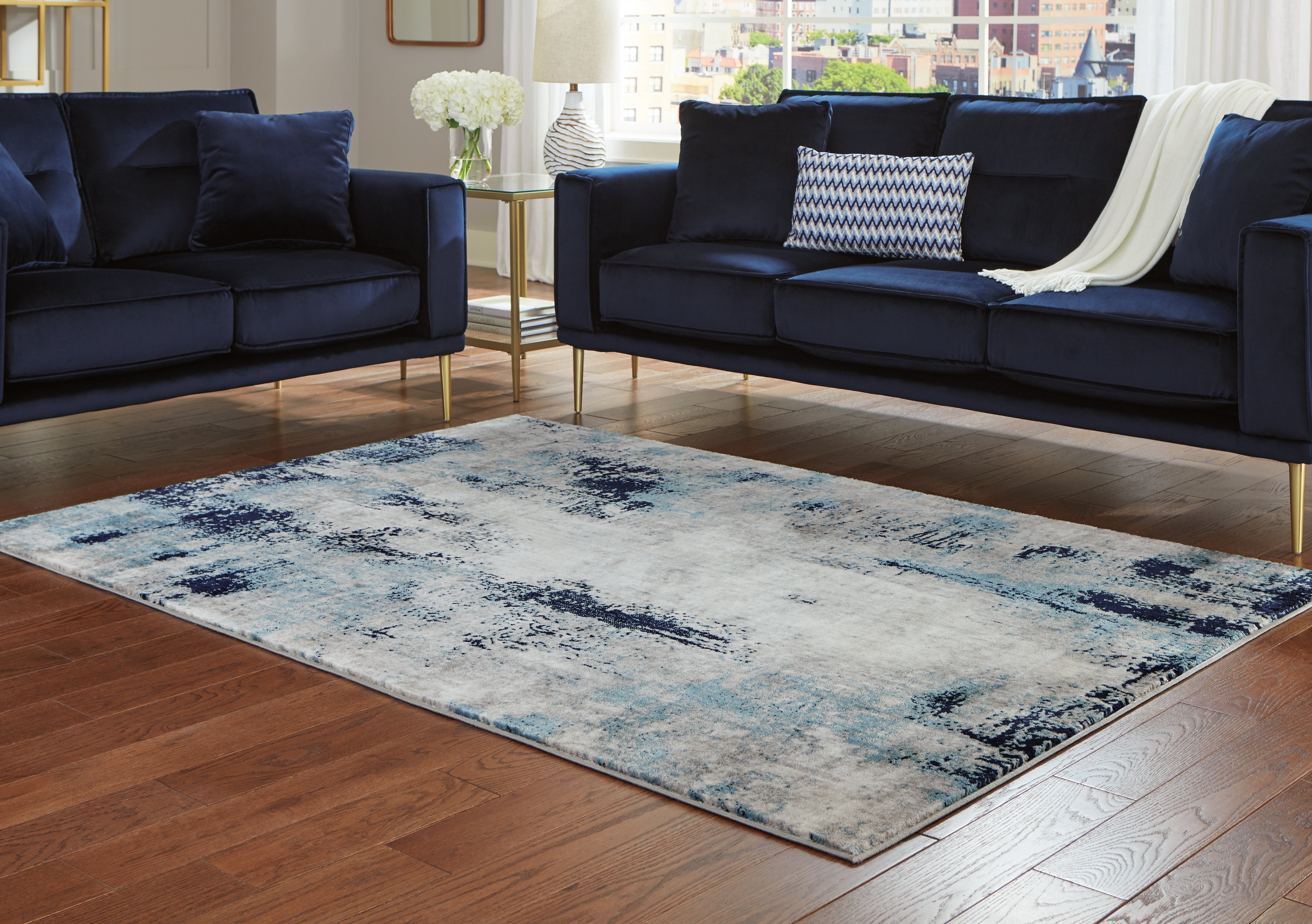 Prime Furniture - Ashley Furniture - Leonelle Rug - 5'3" x 7'3" Rug / Cream/Blue/Gray - R404872