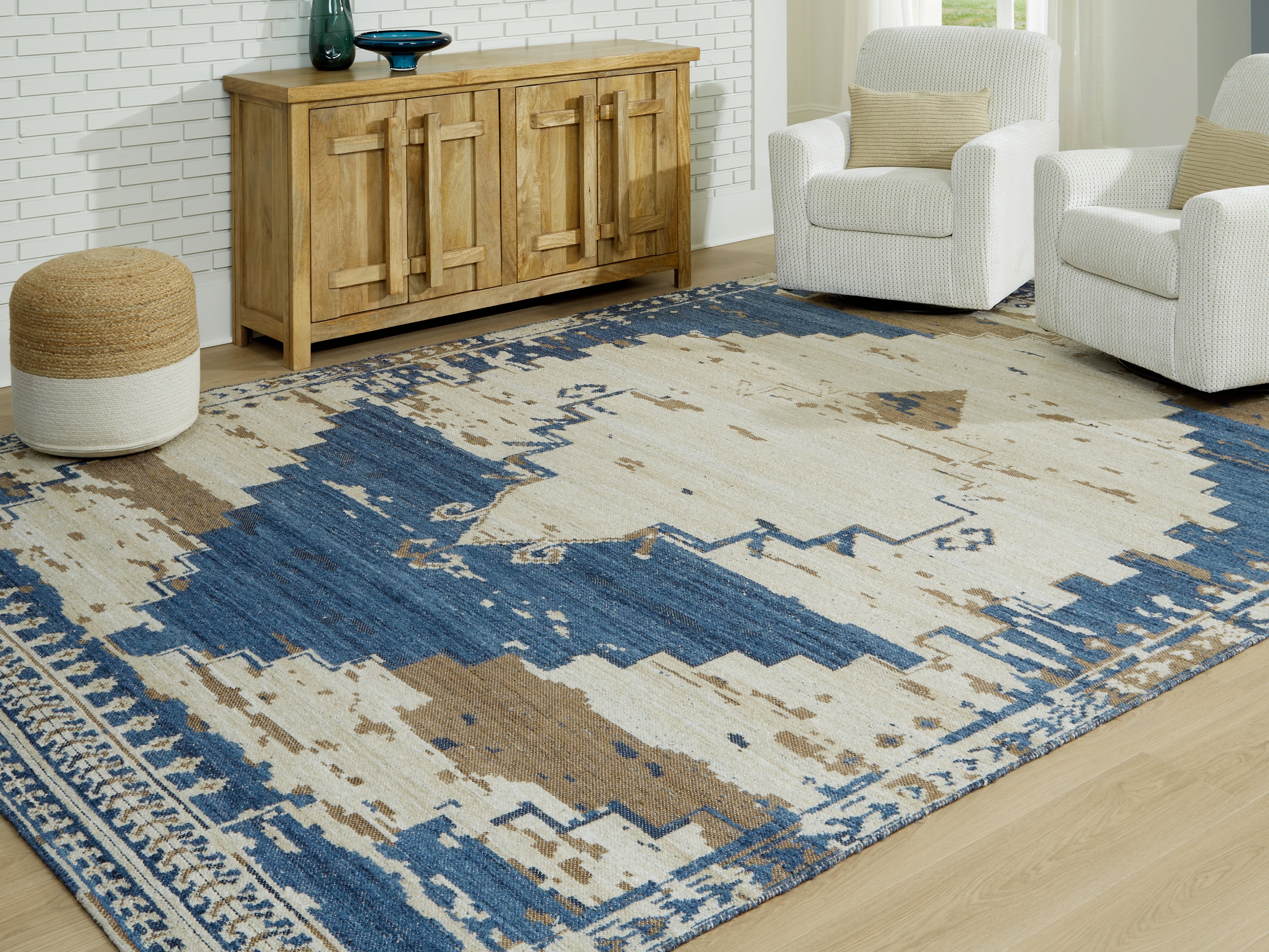 Prime Furniture - Ashley Furniture - Varnler Rug - 5' x 7' Rug / Blue/Brown/Tan - R407132