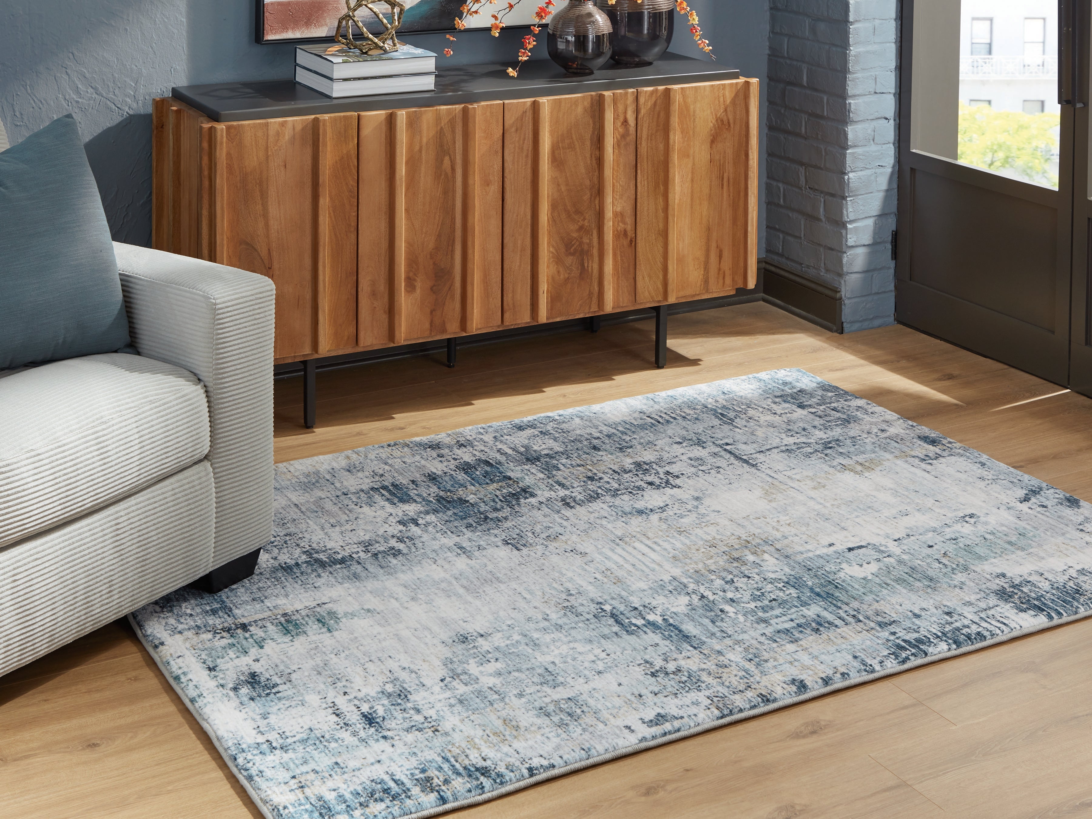 Prime Furniture - Ashley Furniture - Arlenmont Rug - 7'6" x 9'6" Area Rug / Blue/White/Brown - R407481