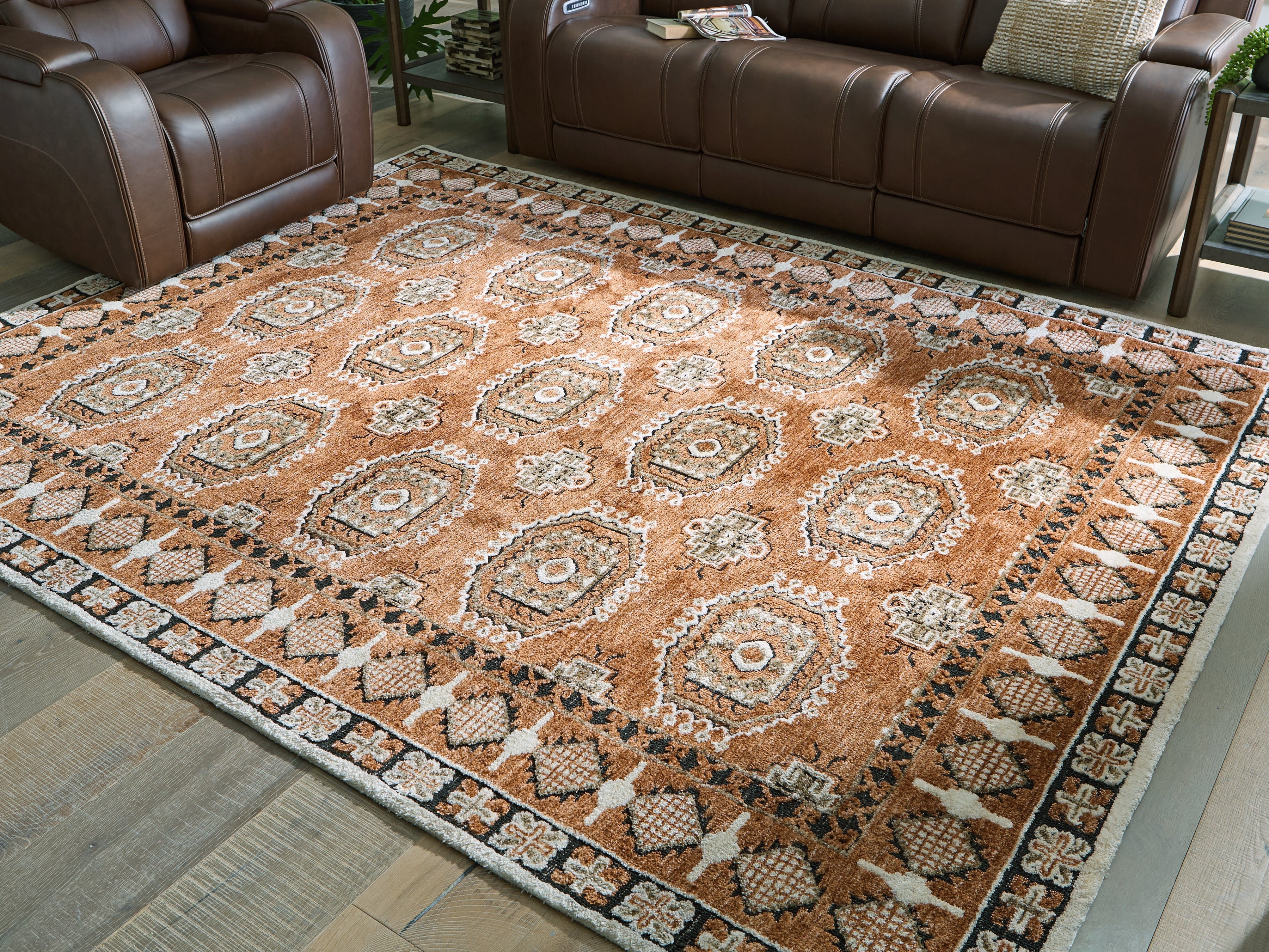 Prime Furniture - Ashley Furniture - Qaabiz Rug - 5' x 7' Area Rug / Sienna/Ivory/Black - R407522