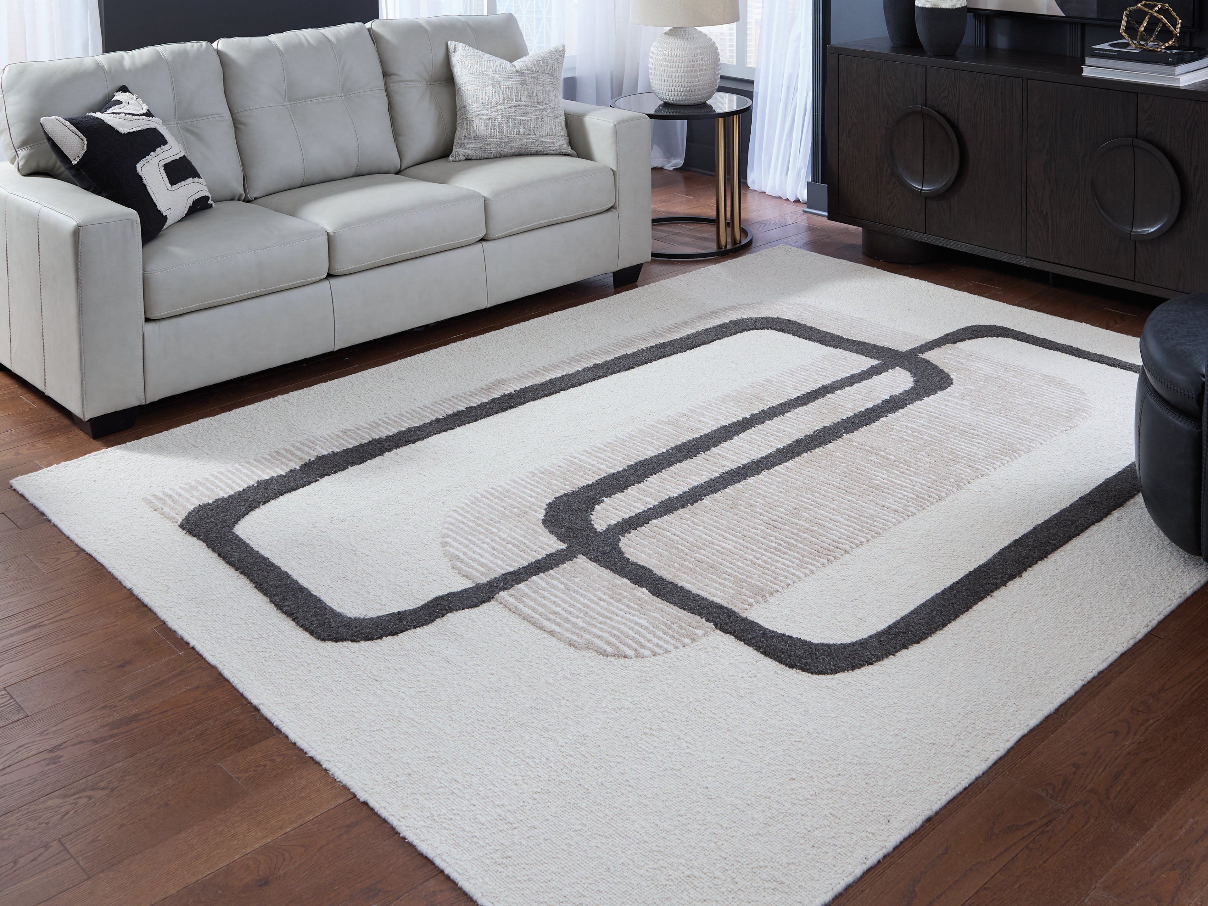 Prime Furniture - Ashley Furniture - Davismour Rug - 5' x 7' Area Rug / Ivory/Taupe/Charcoal - R407562
