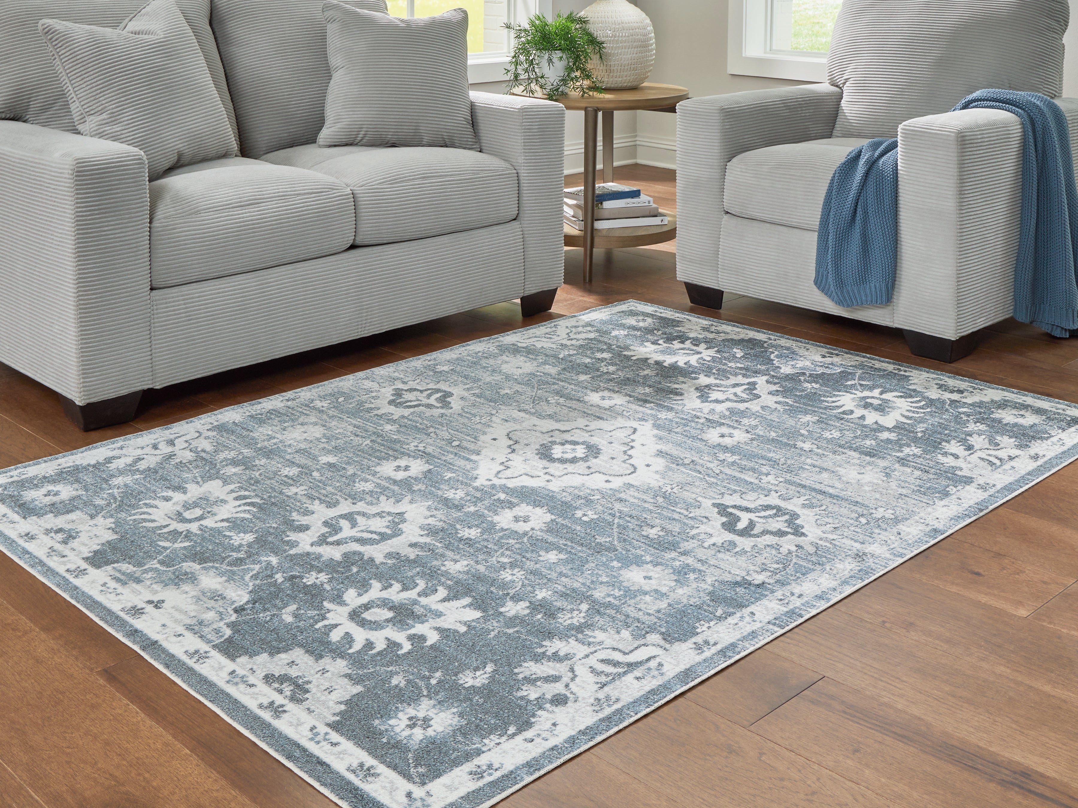 Prime Furniture - Ashley Furniture - Avanworths Rug - Washable 7'10" x 10' Area Rug / Blue/Gray/Ivory - R407791