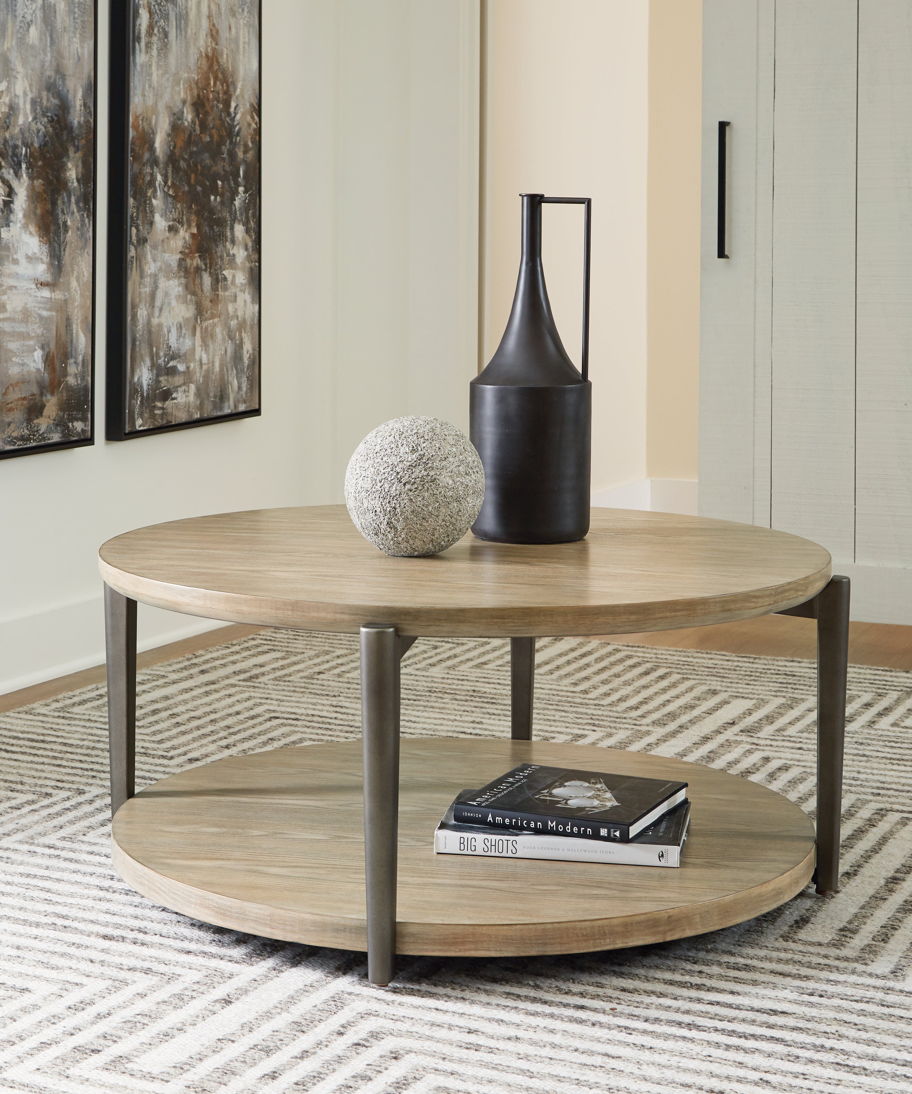 Prime Furniture - Ashley Furniture - Dyonton Coffee Table - Round Cocktail Table / Light Grayish Brown - T574-8