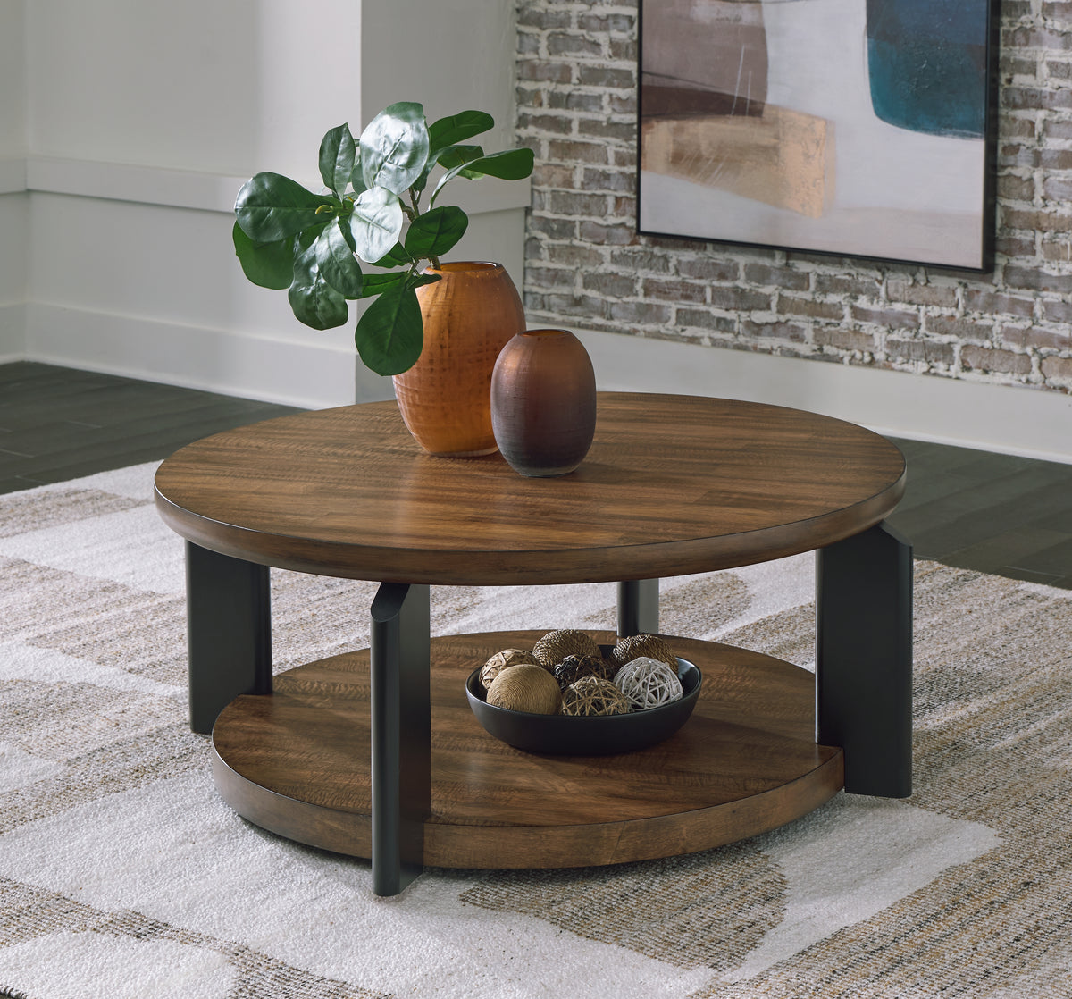 Prime Furniture - Ashley Furniture - Kraeburn Coffee Table - Round Cocktail Table / Brown/Black - T624-8
