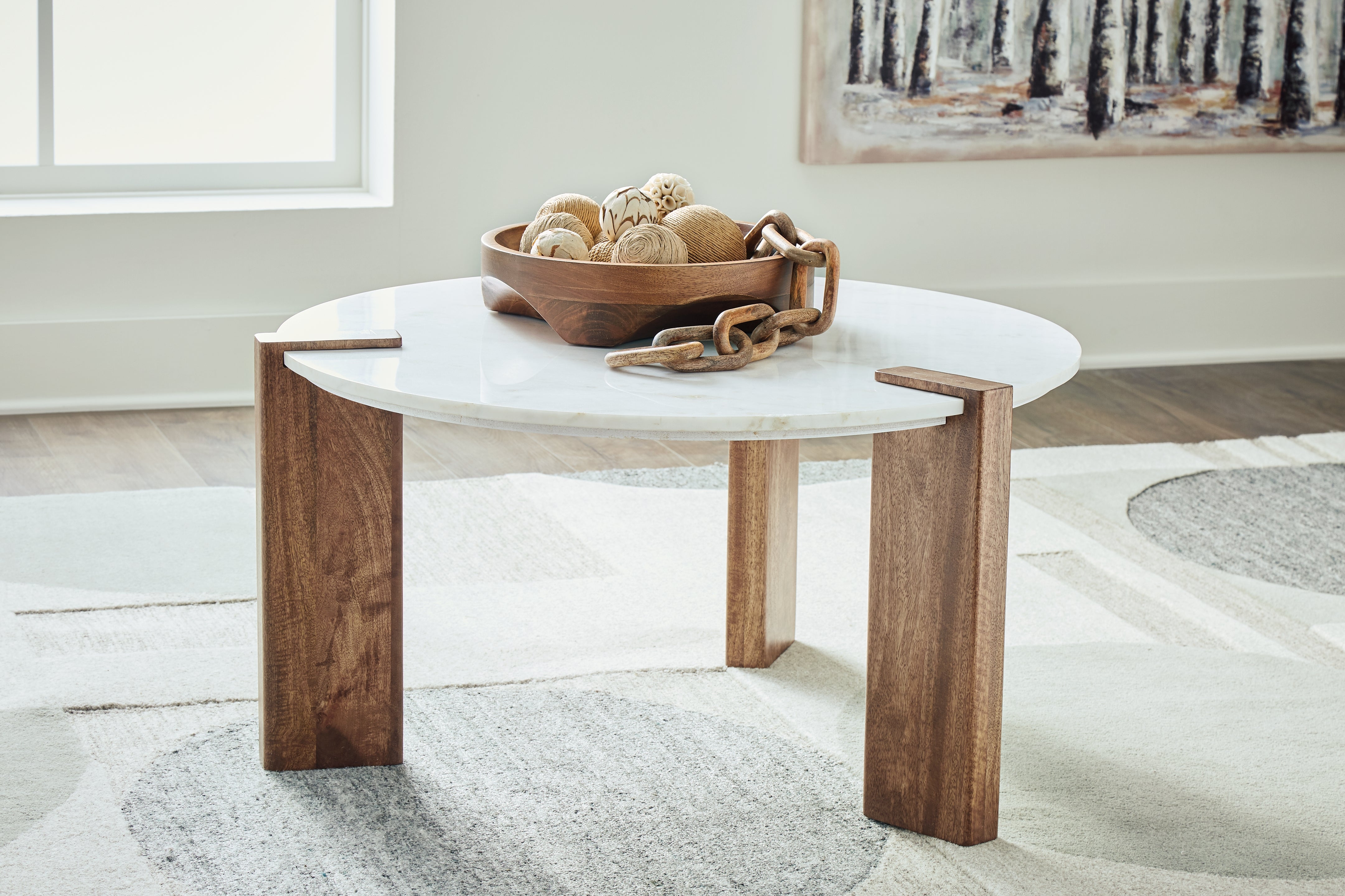 Prime Furniture - Ashley Furniture - Isanti Coffee Table - Round Cocktail Table / White/Brown - T652-8