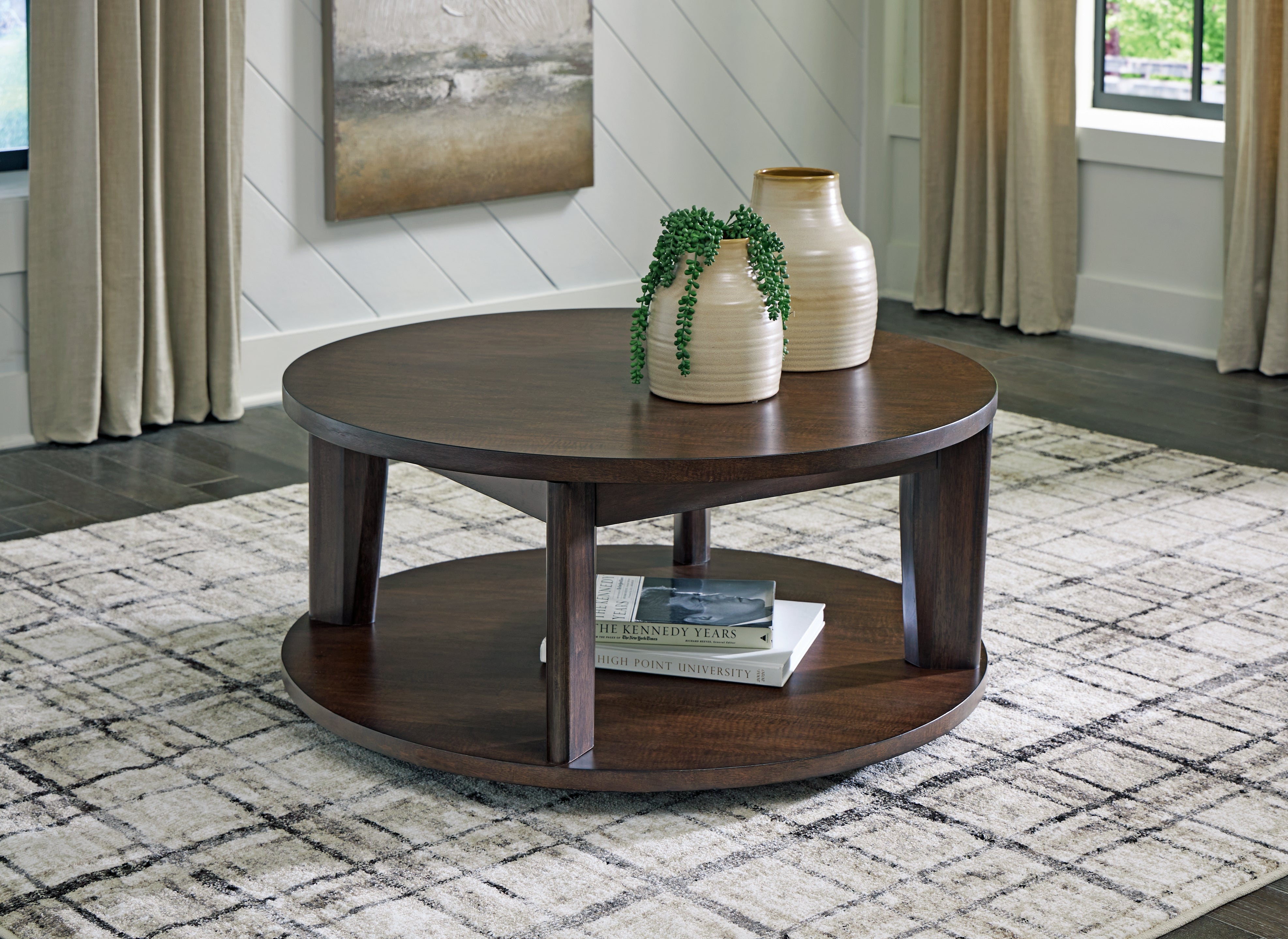 Prime Furniture - Ashley Furniture - Korestone 2 Coffee Table - Round Cocktail Table / Dark Brown - T657-8