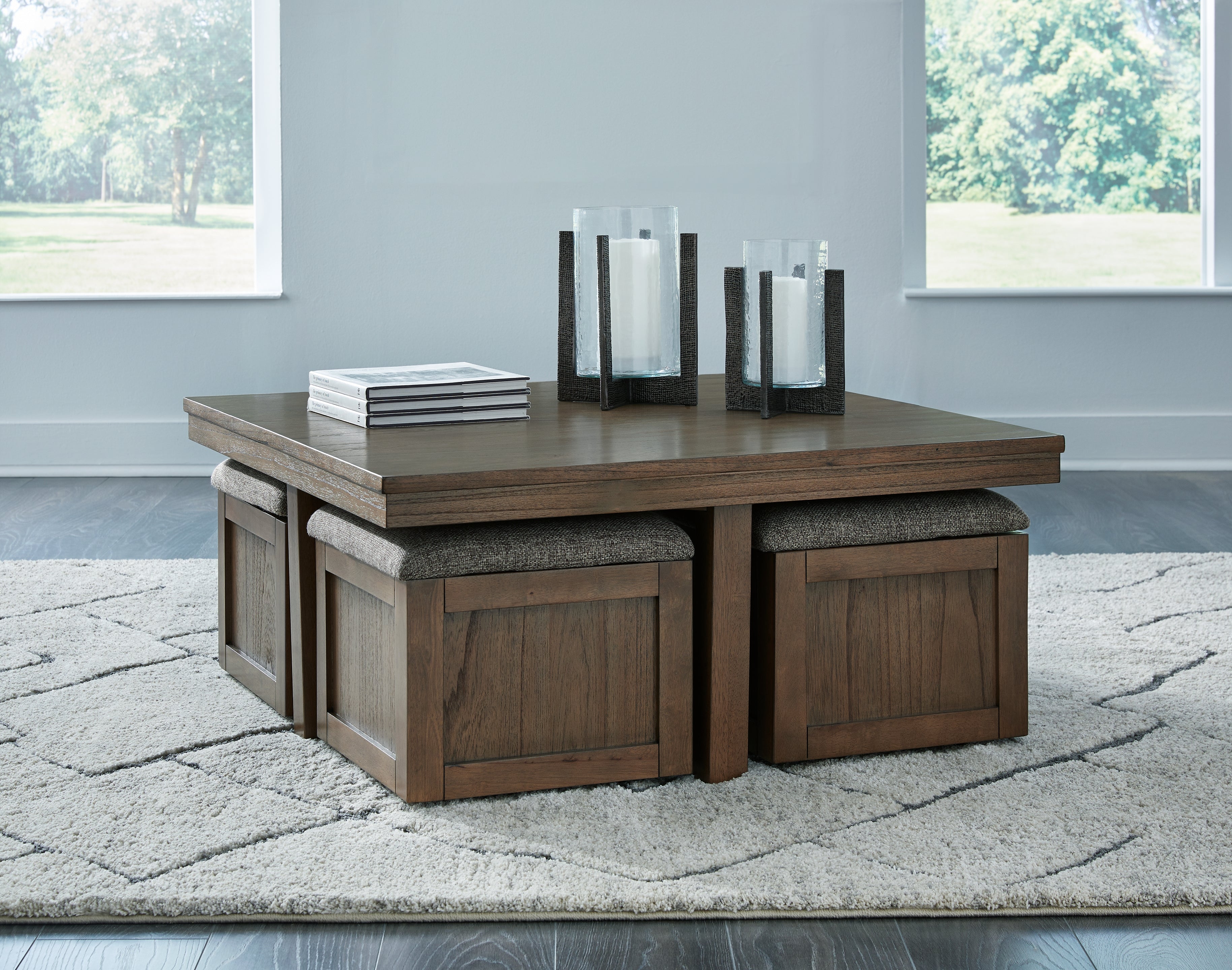 Prime Furniture - Ashley Furniture - Boardernest Coffee Table with 4 Stools - Cocktail TBL w/4 Stools (5/CN) / Brown - T738-20